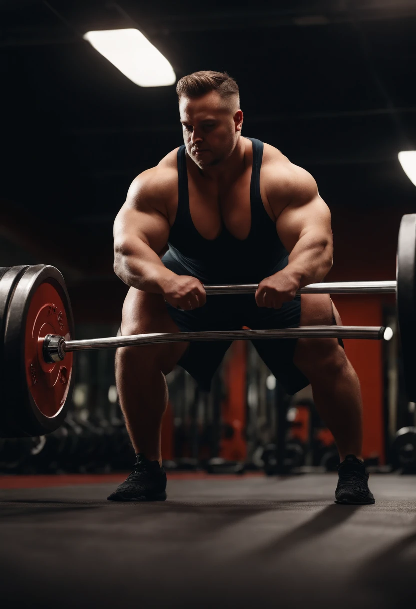 a man with morbid obesity, looking forward, close up image, inside a gym, wearing a gym outfit, with strepes in his hand, and a deadlift bar on the floor, realistic, hd, 8k