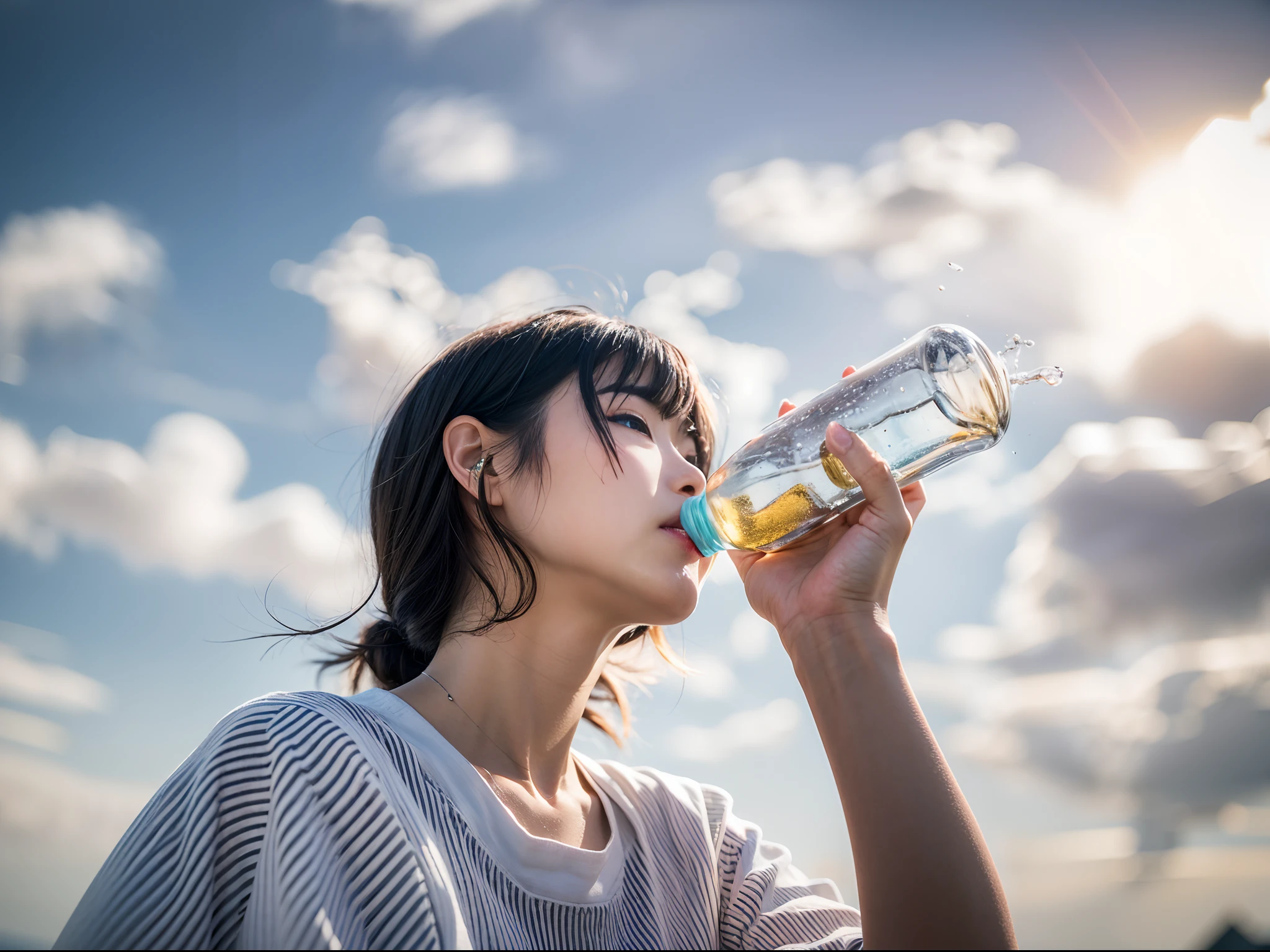 japanes, femele, rays of sunshine, Sweating a lot, hot, Drinking bottled water, Blue sky background, black hair, depth of field, Canon, UHD, textured skin, best quality