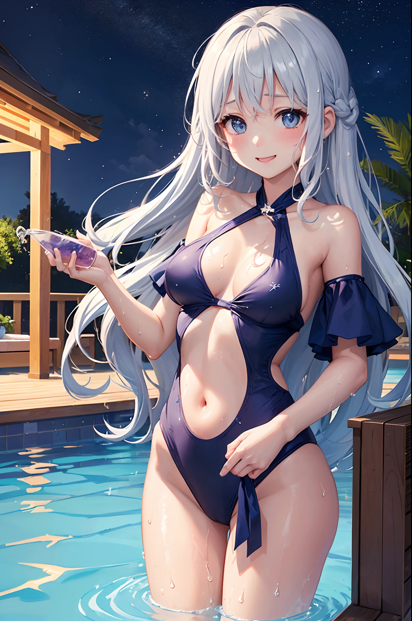 (top-quality)、Girl in swimsuit drinking juice by the pool at night、The bikini、Wavy Hair、Sparkling eyes、huge smile、It's wet、splash water、((natta、starrysky))、(Swallowing juice)、((Night Pool))、mid night、Fantastical