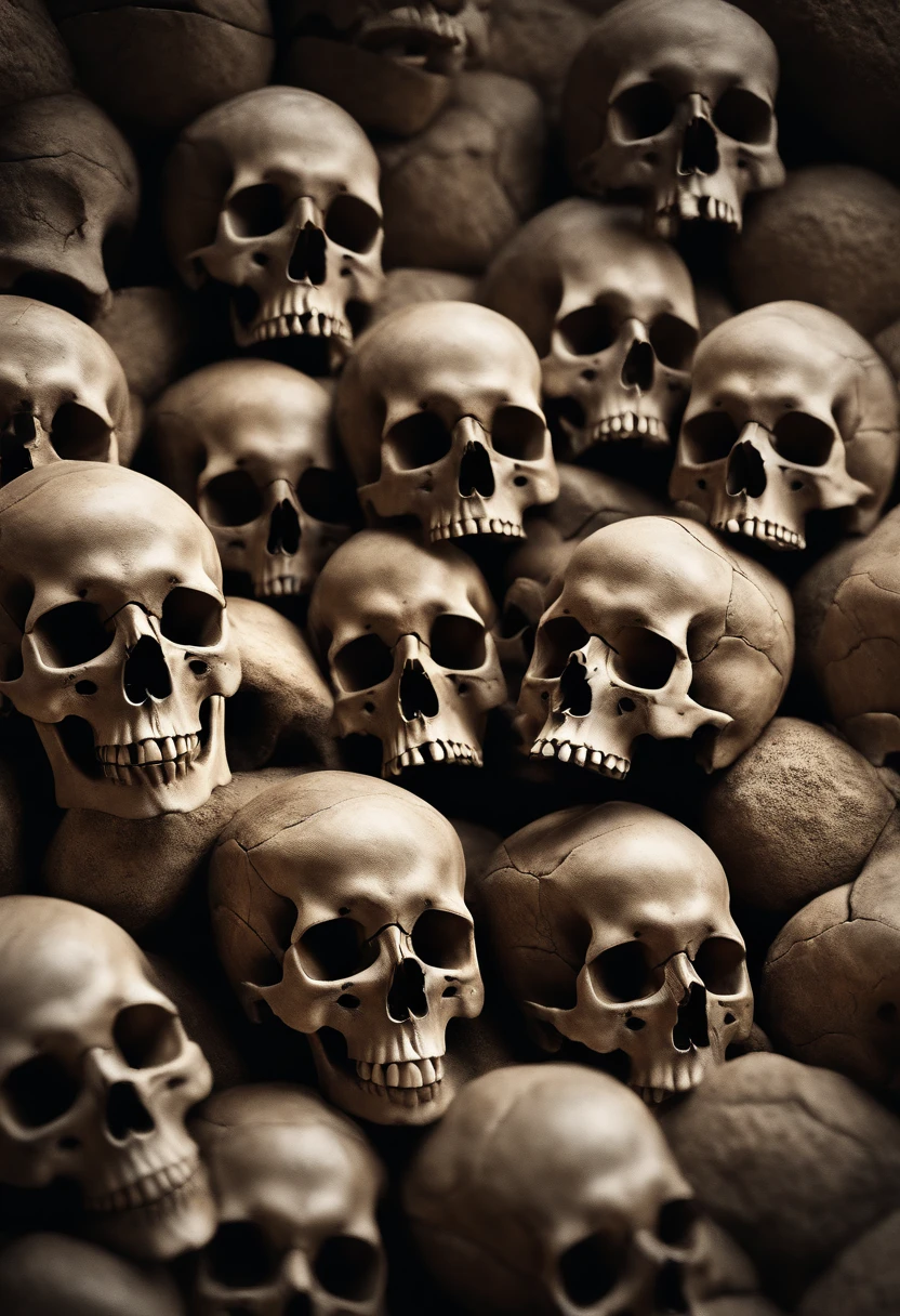 Beautifully drawn, high quality, ultra-detailed CG illustration of hundreds of human skulls embedded in a rock wall as far as the eye can see