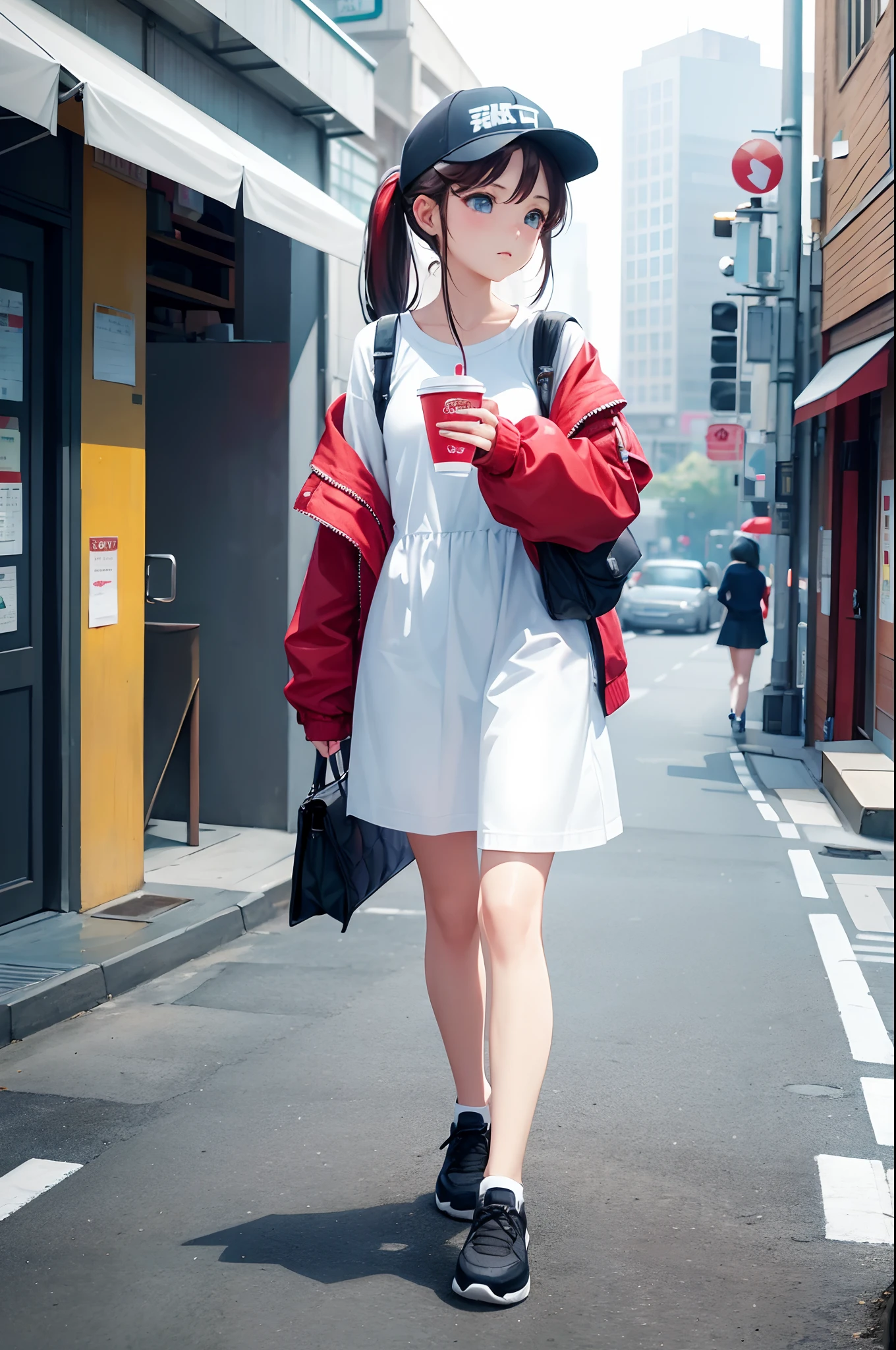 （top-quality）、Girl walking with paper cup in city、Street Fashion、Cap cap、Pony tail、Fantastical、street、Developed Cities、