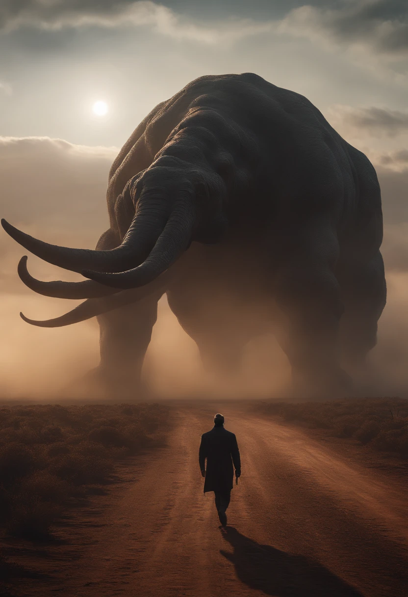 Gigantic creature walking across a plain in the distance, nevoeiro, neblina, nuvens escuras, sombrio ,supense, monstro, Sobrenatural, octan render, Motor irreal, fotorrealista, hiper realismo, altamente detalhado, alta qualidade, intrinsecamente detalhado,Volumetric lighting, personagem completo, 4k, ,disco Rigido ,Full HD, 8k, RTX, high resolution, sombras detalhadas, incrivelmente detalhado, perfeito, Dramatic scale