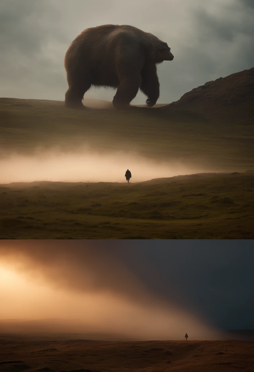 Gigantic creature walking across a plain in the distance, nevoeiro, neblina, nuvens escuras, sombrio ,supense, monstro, Sobrenatural, octan render, Motor irreal, fotorrealista, hiper realismo, altamente detalhado, alta qualidade, intrinsecamente detalhado,Volumetric lighting, personagem completo, 4k, ,disco Rigido ,Full HD, 8k, RTX, high resolution, sombras detalhadas, incrivelmente detalhado, perfeito, Dramatic scale