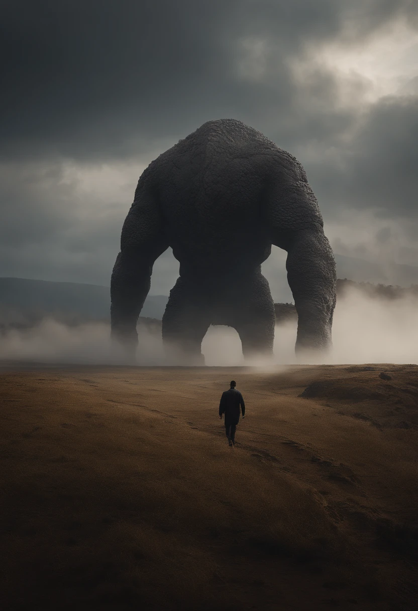 Gigantic creature walking across a plain in the distance, nevoeiro, neblina, nuvens escuras, sombrio ,supense, monstro, Sobrenatural, octan render, Motor irreal, fotorrealista, hiper realismo, altamente detalhado, alta qualidade, intrinsecamente detalhado,Volumetric lighting, personagem completo, 4k, ,disco Rigido ,Full HD, 8k, RTX, high resolution, sombras detalhadas, incrivelmente detalhado, perfeito, Dramatic scale