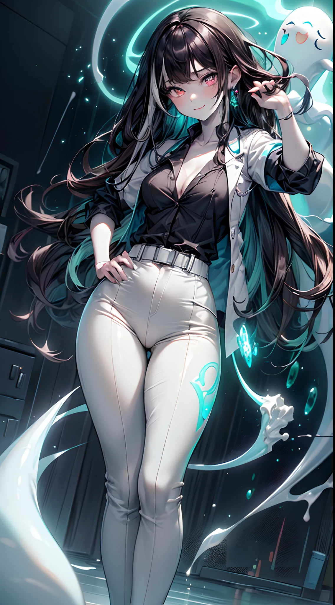 (ghosty:1.85) (doctor:1.5) (nurse:0.65) girl, (white doctor coat:1.4), (spirit, spiritual:1.2), 1girl, perfect and well designed glowing shiny eyes, (beautiful detailed eyes:1.05), natural medium breasts, slim body, beautiful and delicate cute face, (face detail), ((realistic face)), pores, ((pale grey skin)), detailed skin, realistic skin, (((bioluminescence))), ((shiny skin)), (multicolored gradation skin), (monster girl:1.25), human face, medium length hair, hair voluminous, (((((multicolored gradation hair))))), (dark-haired:1.75), super high resolution, 8k, parameters Best quality, (masterpiece:1.4), (magic accessories:1.4), bracelets, extremely detailed thick tight ((white:1.5), (green:1.2), (pink:0.5)) (medical uniform:1.5), (shirt:1.7), (pants:1.3), (standing nipples under cloth:1.3), (neckline:1.3), (cleavage:1.4), (decolette:1.5), Young Girl, Little Beast, (Smile:0.9), (pale Skin:1.85), ultra detailed, photorealistic, ((Real image)), (best quality:1.4), super high resolution, (Realistic 2.0), More details, (((1girl))), {(medical ward:1.2)|(doctor office:1.2)}, (beautiful and aesthetic:1.2), (fractal art:1.4), (cinematic light:1.1), (DUTCH ANGLE:1.2), full body, 16K, HDR, RTX, Ray Tracing, Radiosity, Anisotropic Filtering, Subsurface Scattering, (((magic lights))), metallic reflections, Detailed, Realistic, 4k highly detailed digital art, (cool_color), extremely detailed CG unity 8k wallpaper, vibrant colors, (seductive pose:1.6)