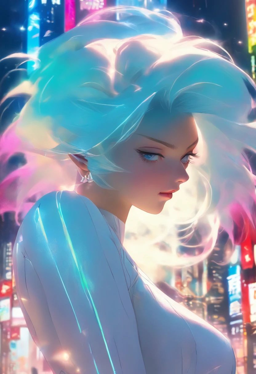 Masterpiece, Highest quality, (solofocus), (Perfect face:1.1), (High detail:1.1),Dramatic, 1人, (Pale skin), Long white hair, White eyes, [Light eyebrows], Solo, Long hair, Moon, Night, white luxury suit, covered navel, pouty lips, Covered, Futuristic city, Detailed background, Art by Artgerm and Greg Rutkowski, Cinematic lighting, rosette, Fashion, BalenciagaStyle