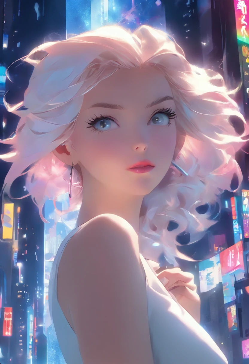 Masterpiece, Highest quality, (solofocus), (Perfect face:1.1), (High detail:1.1),Dramatic, 1人, (Pale skin), Long white hair, White eyes, [Light eyebrows], Solo, Long hair, Moon, Night, white luxury suit, covered navel, pouty lips, Covered, Futuristic city, Detailed background, Art by Artgerm and Greg Rutkowski, Cinematic lighting, rosette, Fashion, BalenciagaStyle