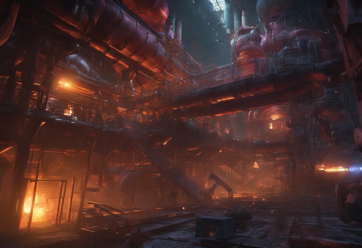 (best quality,4k,8k,highres,masterpiece:1.2),ultra-detailed,(realistic,photorealistic,photo-realistic:1.37),factory,Donkey Kong Country,retro game,3D rendering,industrial,colorful,gritty,dark,imposing,intense,pipes,conveyor belts,jumping platforms,barrels,ladders,mechanical devices,steam,metallic structures,staircases,huge gears,environmental hazards,smokestacks,explosions,construction site,flying sparks,highly saturated colors,moody lighting