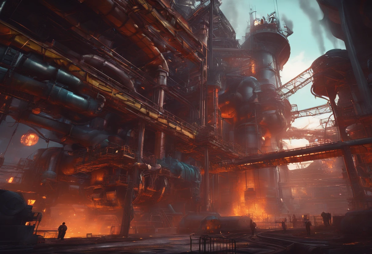 (best quality,4k,8k,highres,masterpiece:1.2),ultra-detailed,(realistic,photorealistic,photo-realistic:1.37),factory,Donkey Kong Country,retro game,3D rendering,industrial,colorful,gritty,dark,imposing,intense,pipes,conveyor belts,jumping platforms,barrels,ladders,mechanical devices,steam,metallic structures,staircases,huge gears,environmental hazards,smokestacks,explosions,construction site,flying sparks,highly saturated colors,moody lighting