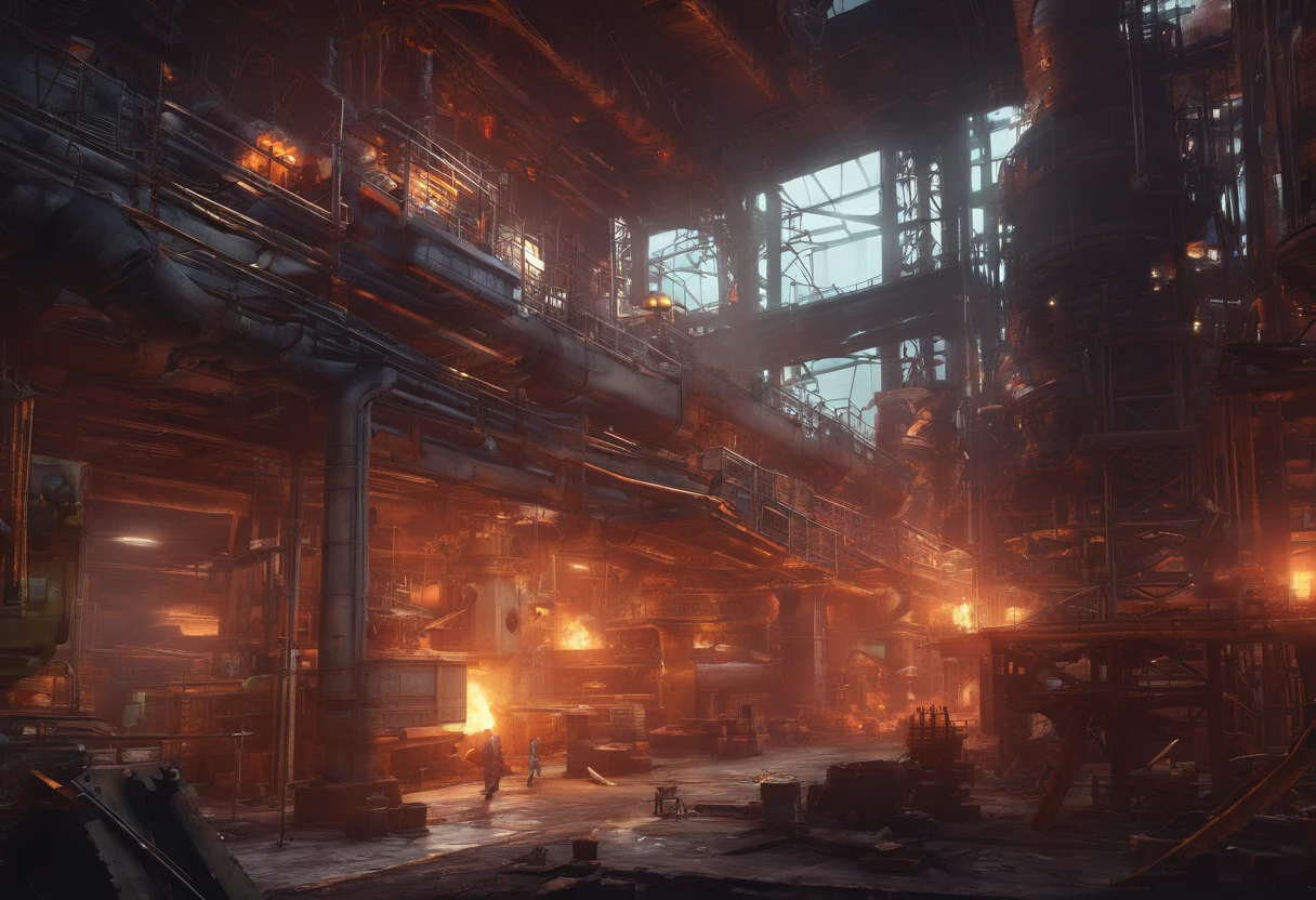 (best quality,4k,8k,highres,masterpiece:1.2),ultra-detailed,(realistic,photorealistic,photo-realistic:1.37),factory,Donkey Kong Country,retro game,3D rendering,industrial,colorful,gritty,dark,imposing,intense,pipes,conveyor belts,jumping platforms,barrels,ladders,mechanical devices,steam,metallic structures,staircases,huge gears,environmental hazards,smokestacks,explosions,construction site,flying sparks,highly saturated colors,moody lighting