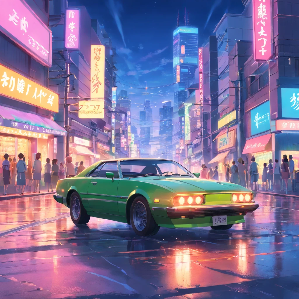 tmasterpiece, best qualityer, cinematic Film still from, A turning car, Neon color