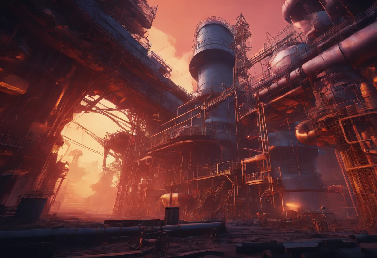 (best quality,4k,8k,highres,masterpiece:1.2),ultra-detailed,(realistic,photorealistic,photo-realistic:1.37),factory,Donkey Kong Country,retro game,3D rendering,industrial,colorful,gritty,dark,imposing,intense,pipes,conveyor belts,jumping platforms,barrels,ladders,mechanical devices,steam,metallic structures,staircases,huge gears,environmental hazards,smokestacks,explosions,construction site,flying sparks,highly saturated colors,moody lighting