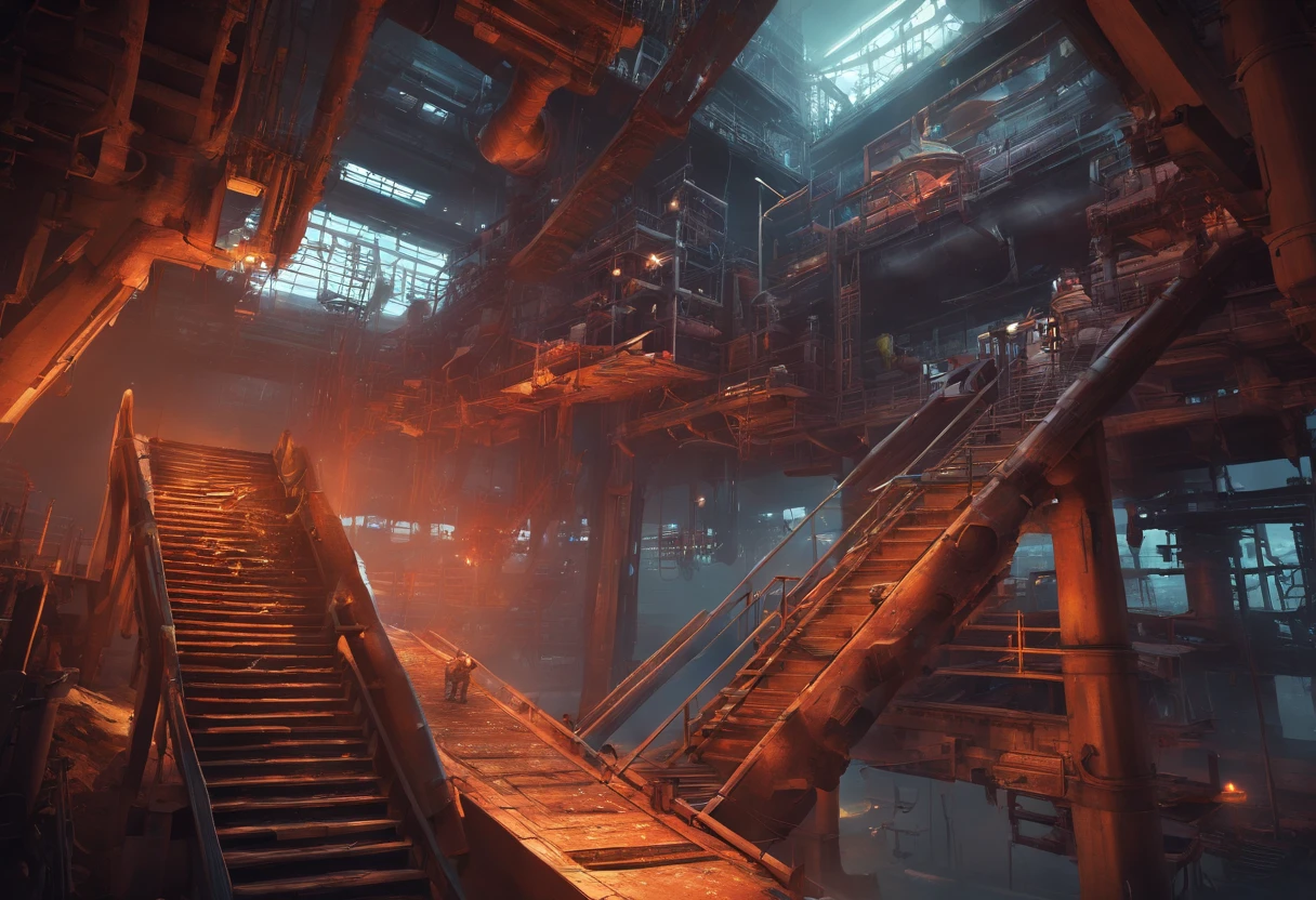 (best quality,4k,8k,highres,masterpiece:1.2),ultra-detailed,(realistic,photorealistic,photo-realistic:1.37),factory,Donkey Kong Country,retro game,3D rendering,industrial,colorful,gritty,dark,imposing,intense,pipes,conveyor belts,jumping platforms,barrels,ladders,mechanical devices,steam,metallic structures,staircases,huge gears,environmental hazards,smokestacks,explosions,construction site,flying sparks,highly saturated colors,moody lighting