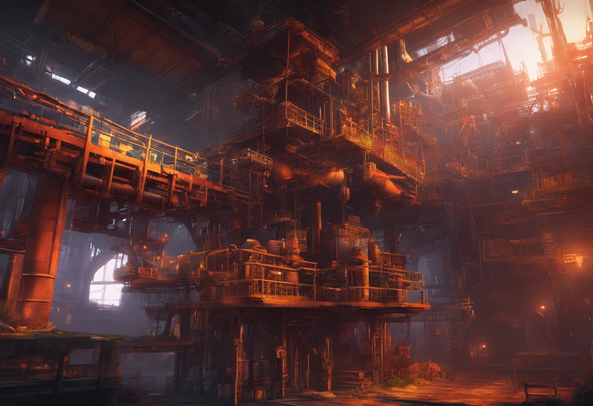 (best quality,4k,8k,highres,masterpiece:1.2),ultra-detailed,(realistic,photorealistic,photo-realistic:1.37),factory,Donkey Kong Country,retro game,3D rendering,industrial,colorful,gritty,dark,imposing,intense,pipes,conveyor belts,jumping platforms,barrels,ladders,mechanical devices,steam,metallic structures,staircases,huge gears,environmental hazards,smokestacks,explosions,construction site,flying sparks,highly saturated colors,moody lighting