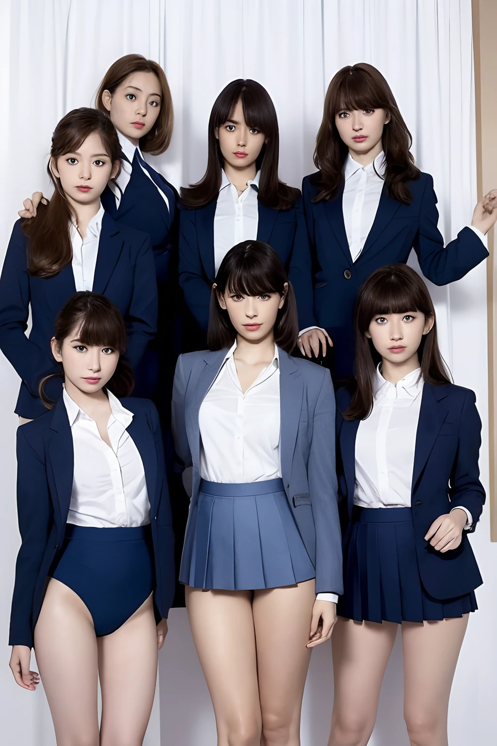 masutepiece, Best Quality, Five girls in the classroom,(5 people standing:1.2),Standing,Teenage, Looking at Viewer,l Group shot, harems,nffsw,Retro underwear,  (pantiy),Realistic,School uniform,(Dark blue blazer and white shirt) ,(Dark blue pleated skirt),Blue Ribbon ,(Looking back, ass grab:0.9),(Beautiful eyes:1.3),frombelow,From below,Kinney,(skinny:1.2) ,Slender thighs, Long body, novel illustration,(Smelly eyes:0.5),closed curtains,(shirts lift,lifted by self:1.5) ,Dark Persona.Skirt lift front,(Panties:1.3),