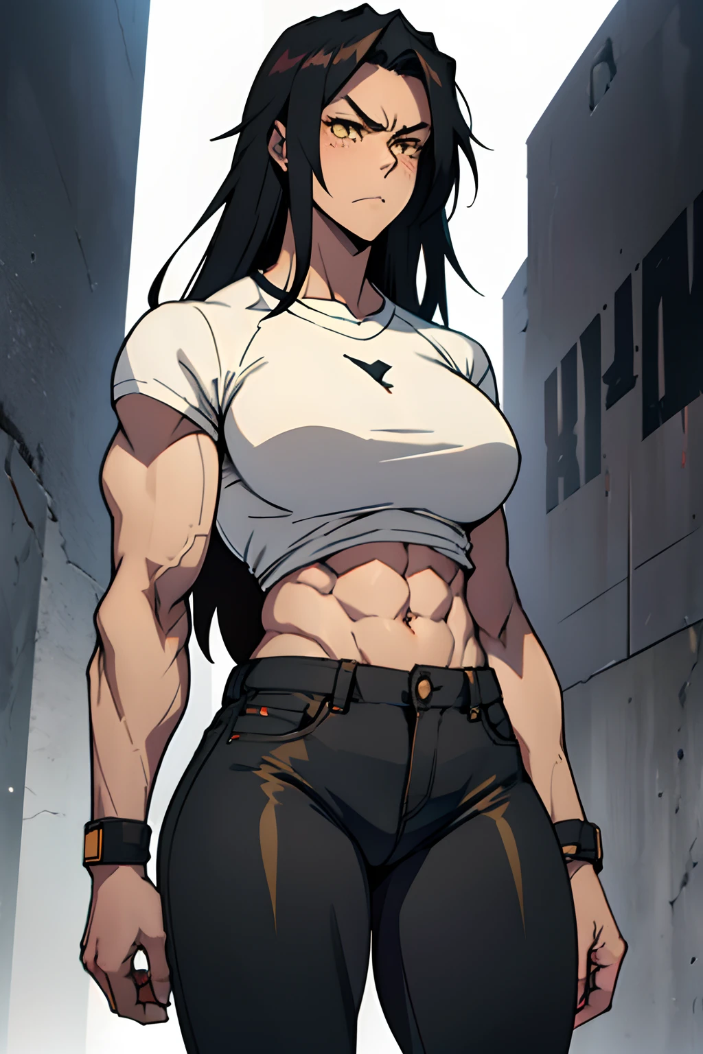 (1girl), extremely long hair, solo, ((muscular)), veins, black hair, yellow eyes, blushing, thick thighs, pale skin, strong, veins, abs, big thighs, huge breasts, navel, standing, angry, tight pants, tight shirt