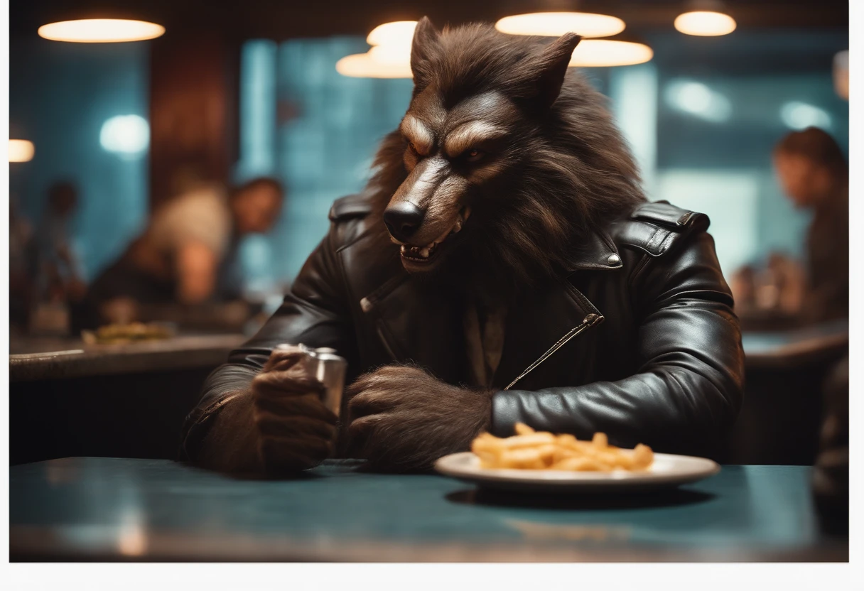 film still of Badass masculine werewolf with hairy paws in a biker jacker, ready to eat a cheeseburger with chopsticks in a smoky, gloomy diner, creature design by Rob Bottin. 70mm bokeh anamorphic
