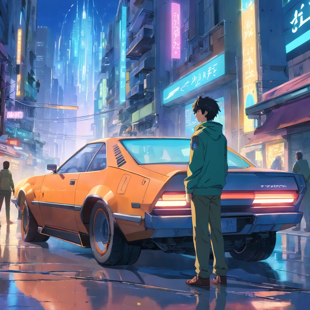 cyber-enhanced man leaning against a futuristic sci-fi vehicle on a dystopian sci-fi city street