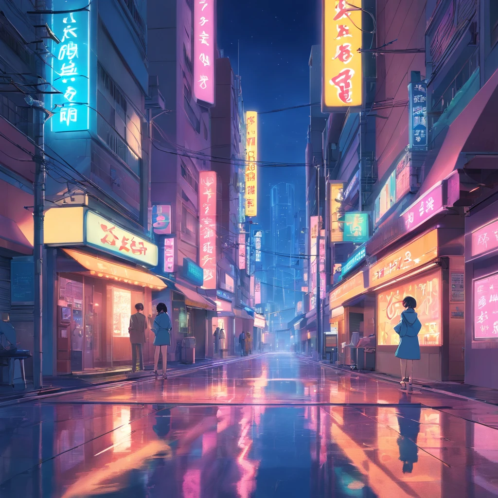 Art estilo neoTokio de noite, buildings and street with plenty of neon, signs and reflections on the floor, estilo cyberpunk , carros voadores e guarda-chuvas