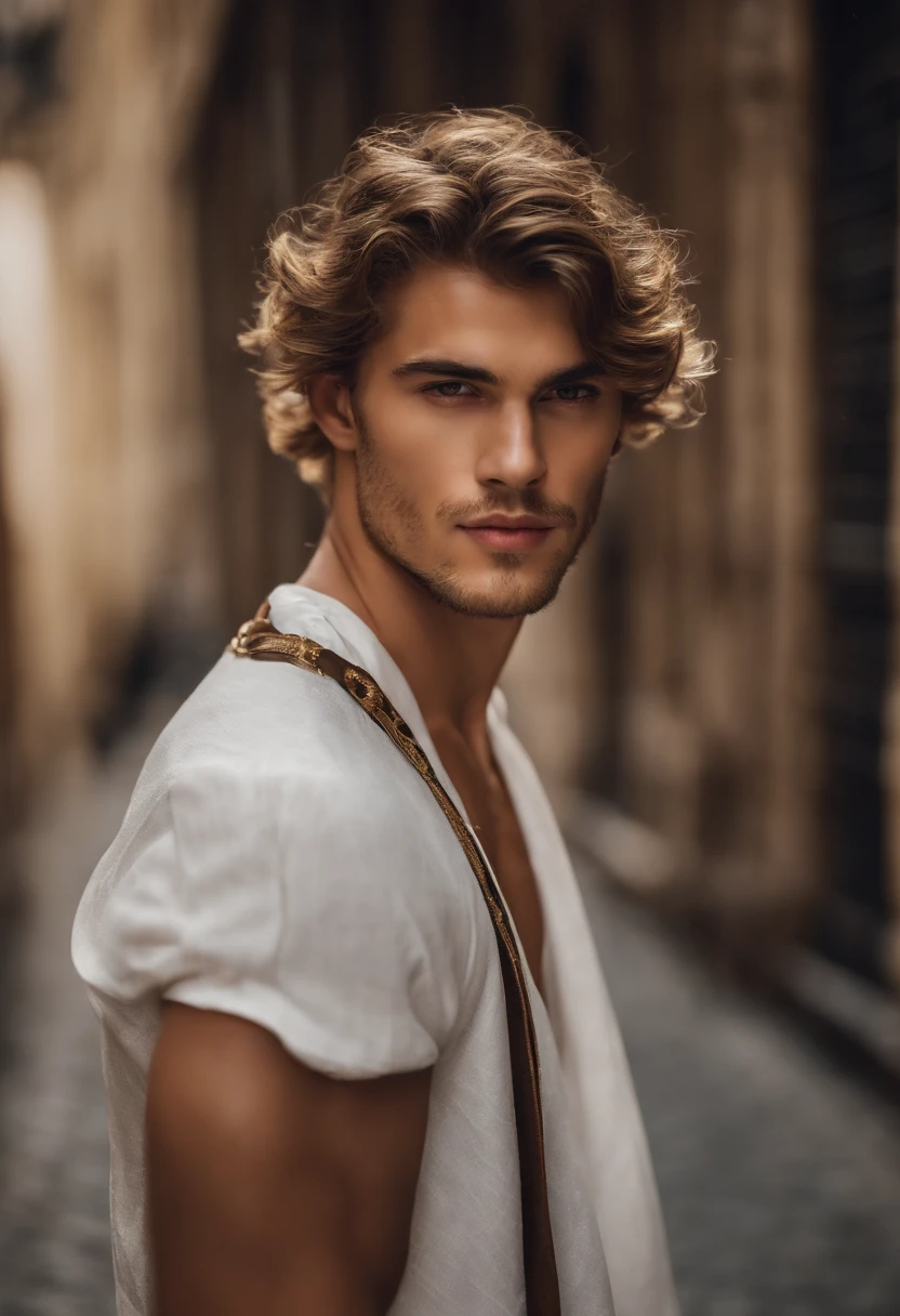 Homem branco jovem forte, com cabelos muito curtos e loiro muito claro dourado de etnia europeia. Ele deve estar em frente a uma porta, sem blusa e com uma toalha na cintura.