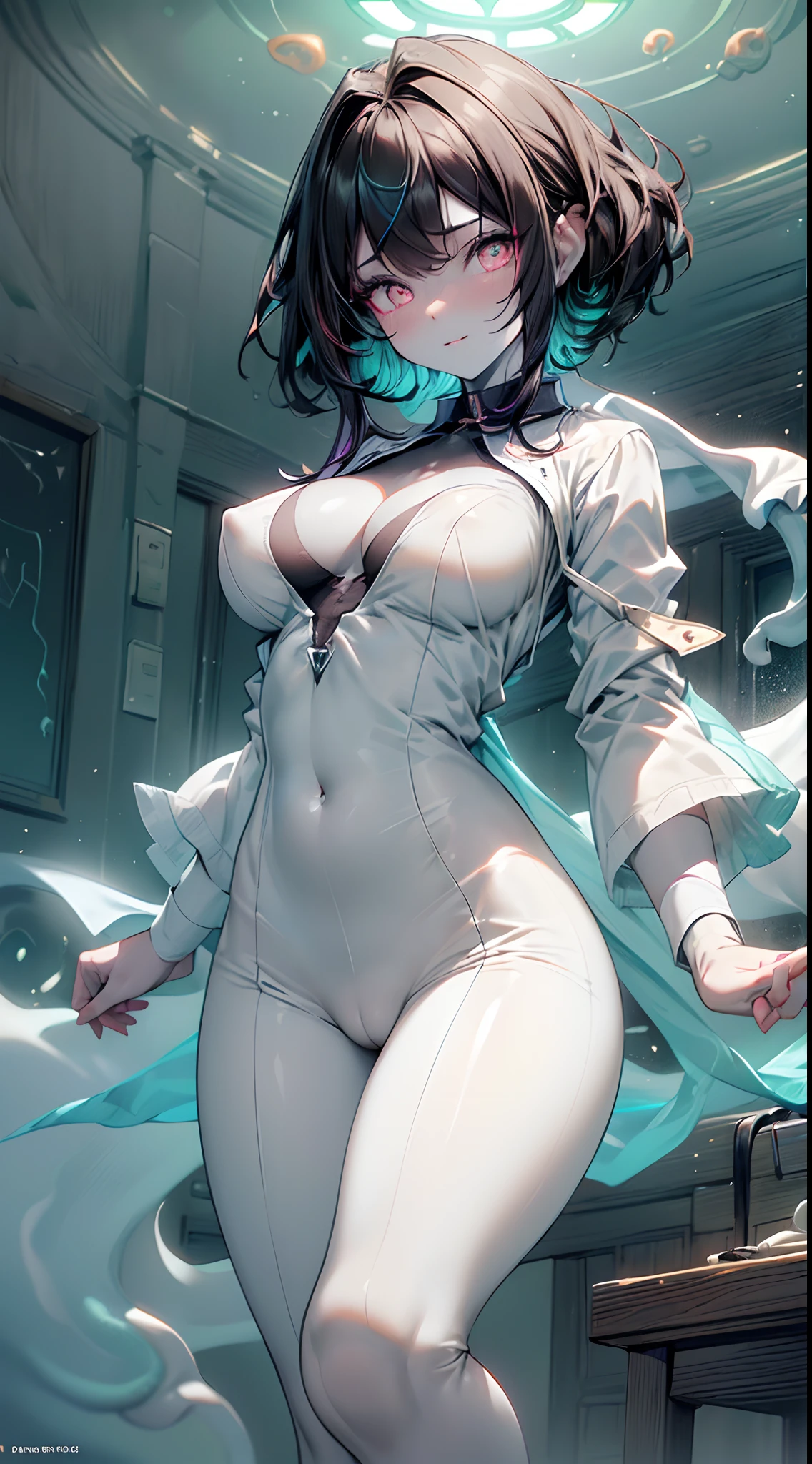 (ghosty:1.85) (doctor:1.5) (nurse:0.65) girl, (white doctor coat:1.4), (spirit, spiritual:1.2), 1girl, perfect and well designed glowing shiny eyes, (beautiful detailed eyes:1.05), natural medium breasts, slim body, beautiful and delicate cute face, (face detail), ((realistic face)), pores, ((pale grey skin)), detailed skin, realistic skin, (((bioluminescence))), ((shiny skin)), (multicolored gradation skin), (monster girl:1.25), human face, medium length hair, hair voluminous, (((((multicolored gradation hair))))), (dark-haired:1.75), super high resolution, 8k, parameters Best quality, (masterpiece:1.4), (magic accessories:1.4), bracelets, extremely detailed thick tight ((white:1.5), (green:1.2), (pink:0.5)) (medical uniform:1.5), (shirt:1.7), (pants:1.3), (standing nipples under cloth:1.3), (cameltoe:1.5), (neckline:1.3), (cleavage:1.4), (decolette:1.5), Young Girl, Little Beast, (Smile:0.9), (pale Skin:1.85), ultra detailed, photorealistic, ((Real image)), (best quality:1.4), super high resolution, (Realistic 2.0), More details, (((1girl))), {(medical ward:1.2)|(doctor office:1.2)}, (beautiful and aesthetic:1.2), (fractal art:1.4), (cinematic light:1.1), (DUTCH ANGLE:1.2), full body, 16K, HDR, RTX, Ray Tracing, Radiosity, Anisotropic Filtering, Subsurface Scattering, (((magic lights))), metallic reflections, Detailed, Realistic, 4k highly detailed digital art, (cool_color), extremely detailed CG unity 8k wallpaper, vibrant colors, (seductive pose:1.6)