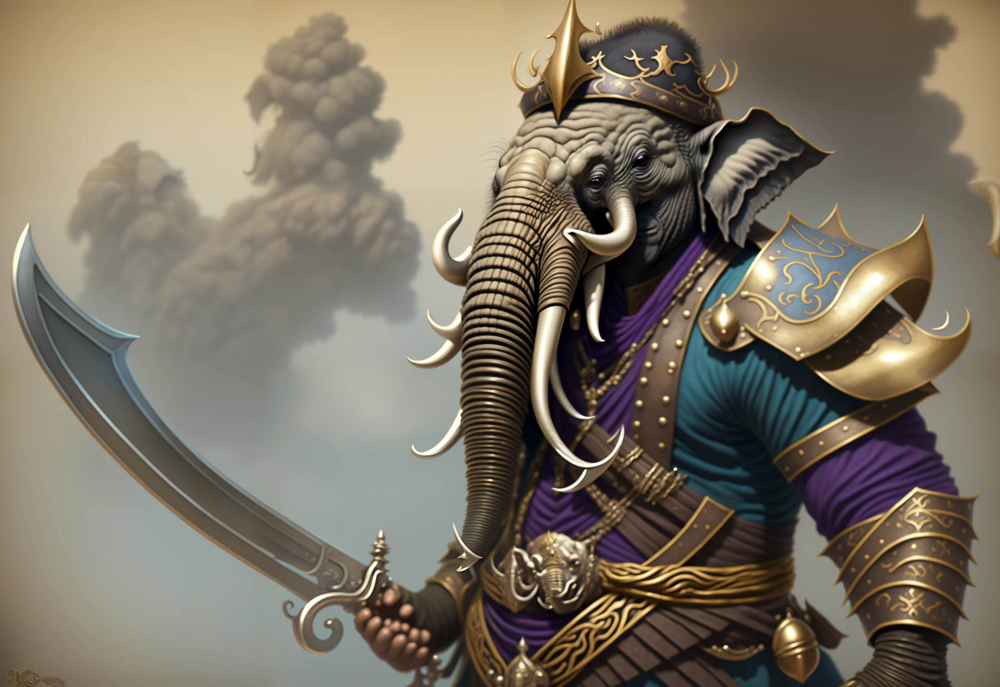 Realistic portrait of an elephant man who is dressed in a costume, Macho Swashbuckler, Pirata da classe Swashbuckler, um pirata , Manto de mago, Personagem o bruxo, pele bronzeada, Pirate Captain, personagem de fantasia hiperdetalhado, Swashbuckler, Cultist, character render, Close-up de corpo inteiro, Pintura realista, realista, Estilo de arte Darkfantasy, Paisagem de mar