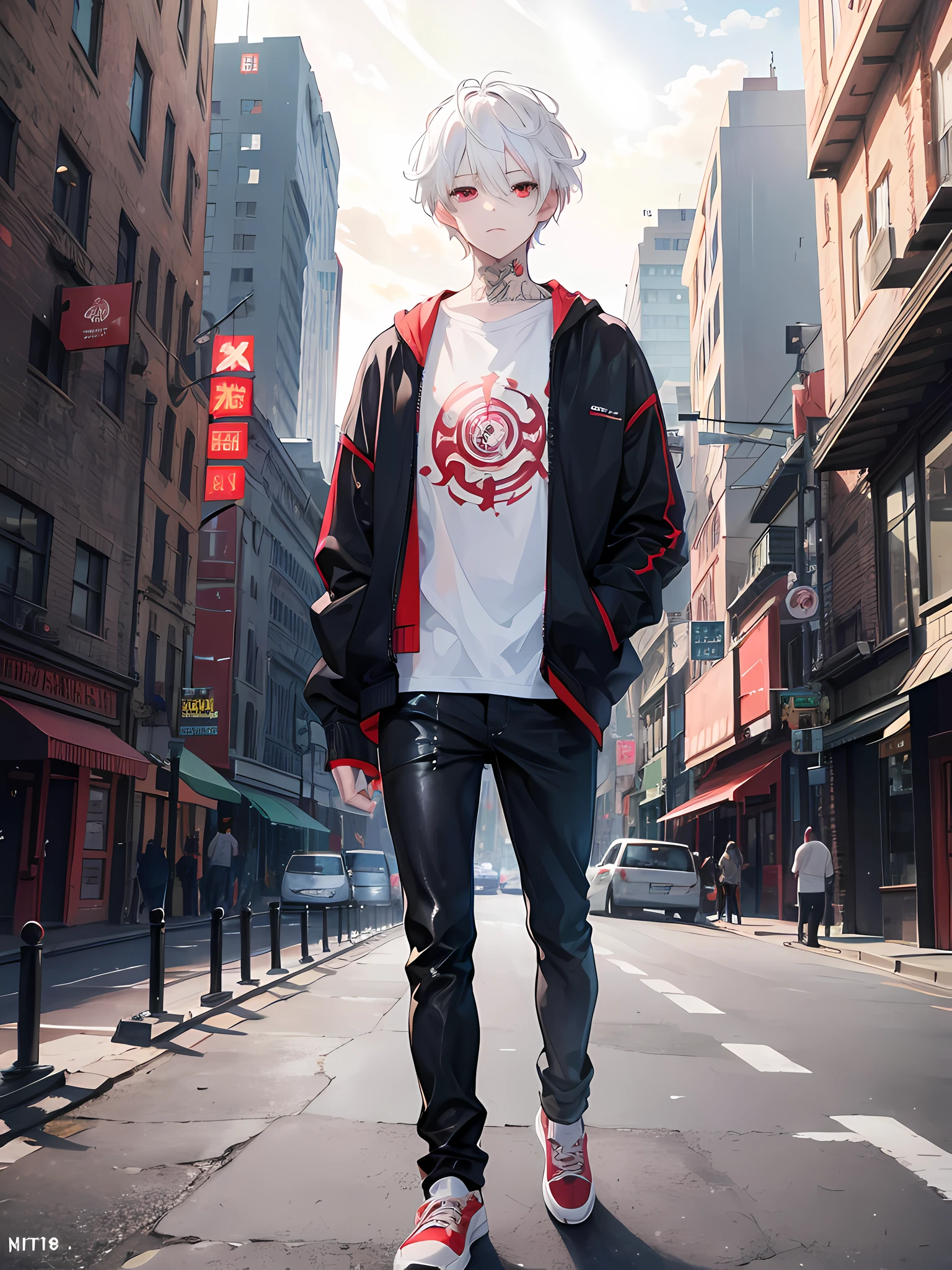 1boy, short white hair, Red eyes, wearing casual clothes, city, high res, ultrasharp,8k, masterpiece, looking at viewer, handsome, black tattoos, high def hair , high def eyes, full body, Handsome, slightly curly hair