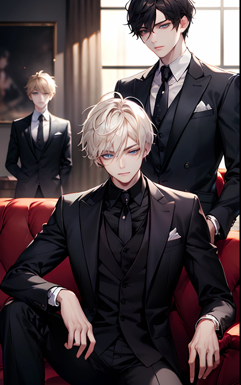(Best Quority,8K,masterpaintings),1boys,(Eye 1:1,blue eyes,Elaborate Eyes,Delicate pupils,Details of the eyes,good eyes),Short Hair Hair,black business suits,Face focus,Adults,Black suit,Best Quority,facial detail,Sit in the room,sit on sofa,细致背景,Diffused sunlight,depth of field,Background bokeh for optimal light,Best Shadow,cinematiclight,(realskin),raytrace,Unreal Engine 5,Reflective skin,Digital illustration,Game CG characters,super model,(kpop,idol),(Body edge lighting,Colored light sources are around),There is wind blowing hair,Looking into the distance