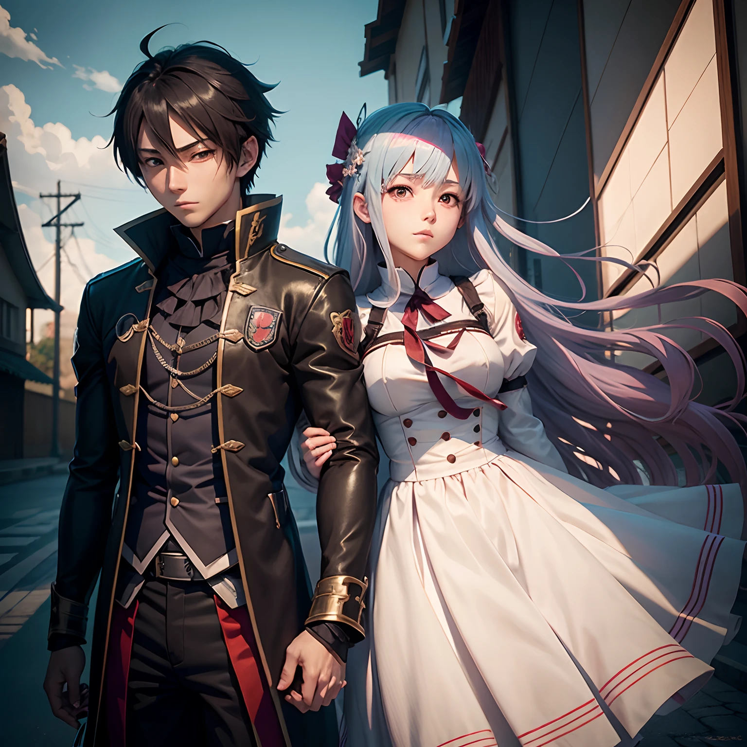 Anime couple with sword and clothes in the wind, Yandere, by Kanamoto Village, Yandere. Takao, Gapmoe Yandere, Zerochan Art, Shingei, Zerochan, high quality fanwork inspired by Masanobu Okumura, anime style, Japanese anime style, they are siblings, anime styles such as Fate/Stay Night, Shota, Lori