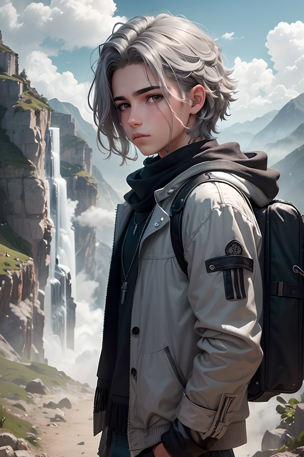 (Un joven con cabello gris plateado, Los ojos grises en el fondo parecen un pueblo, and the green mist of the mountains and clouds come down from the beautiful teenage sky) viste de azul es masculino con cabello color plateado ojos grises