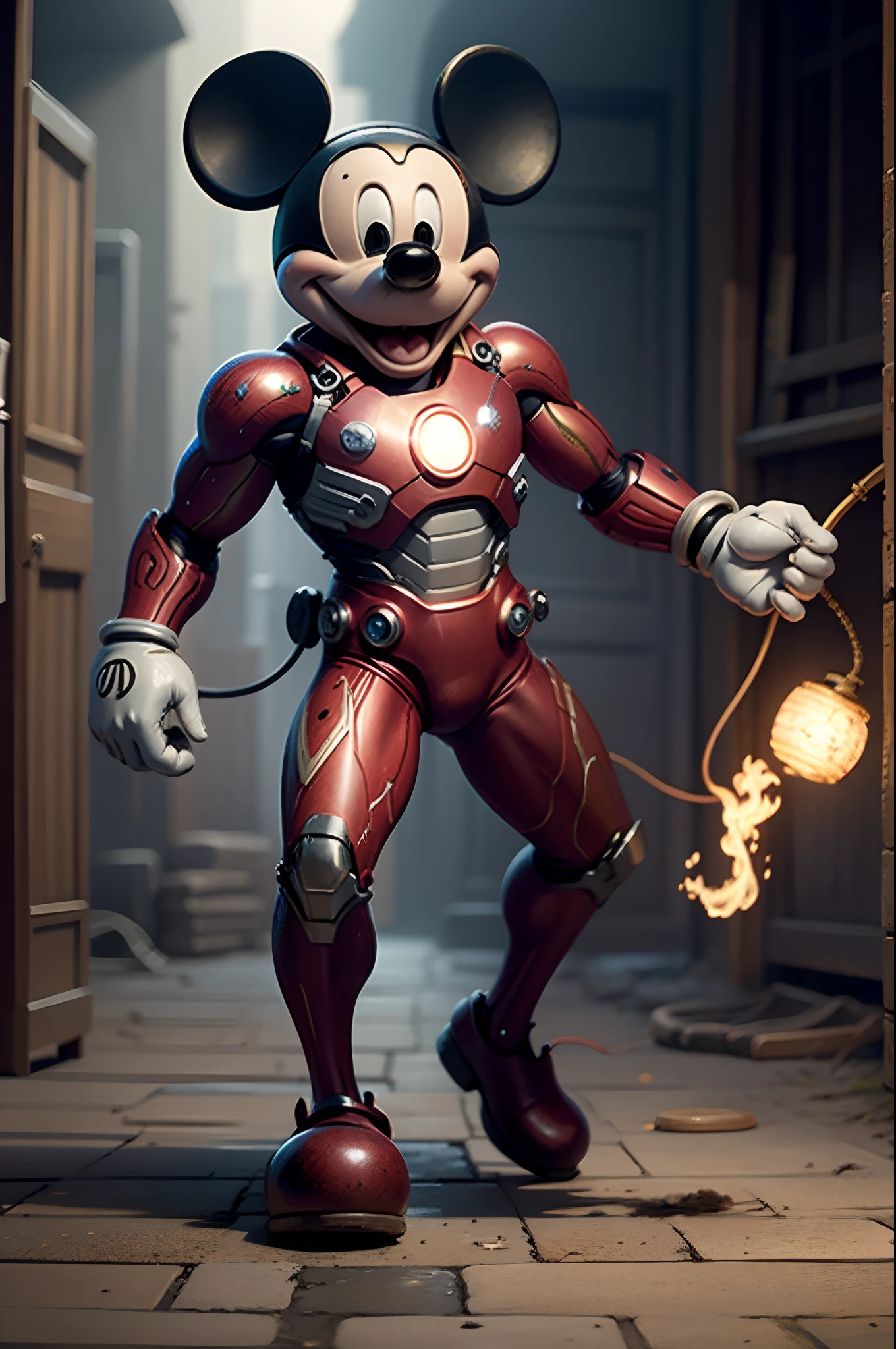 Mickey wearing an ironman suite, luz azul, 8k