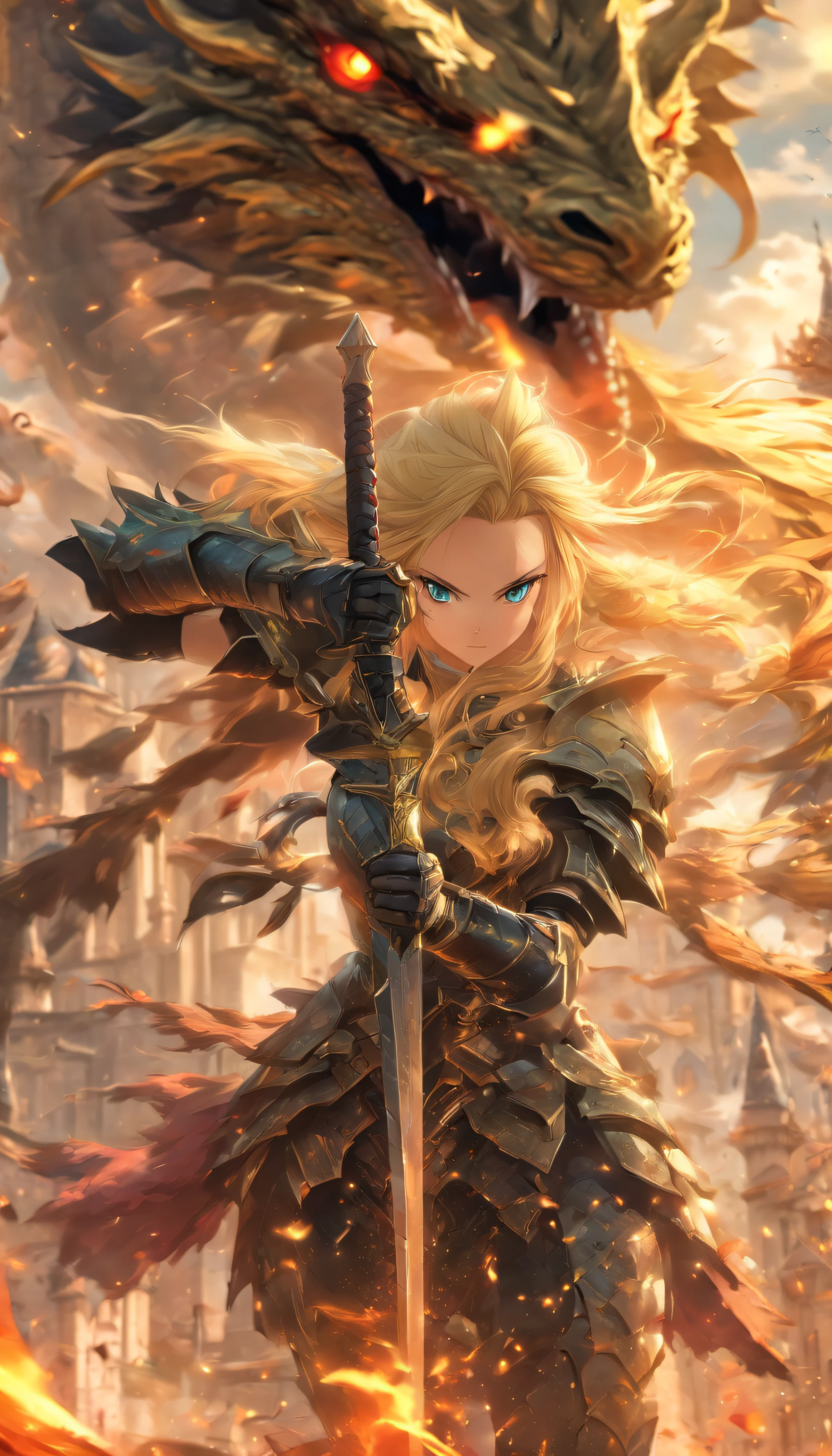 1 girl blonde slim big, Black armor in the left hand, a long sword, in der Rechten einen Speer im hintergrund ein, Drache, Wolken Schloss, UHD, masterpiece, high details, highres, best quality, 8k