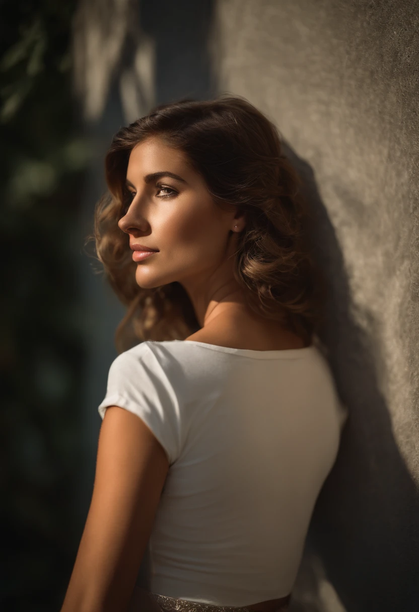 Fotografia natural de uma menina, usando um crop top solto, leaning over, longos cabelos castanhos claros lisos, Close your eyes on camera, symmetric eyes, symmetrical face, fotorrealista, fotografia, Rastreamento de caminho, specular illumination, volumetric facial light, path traced hair, visible shadows, intrincado, elaborar, fundo da arte da rua