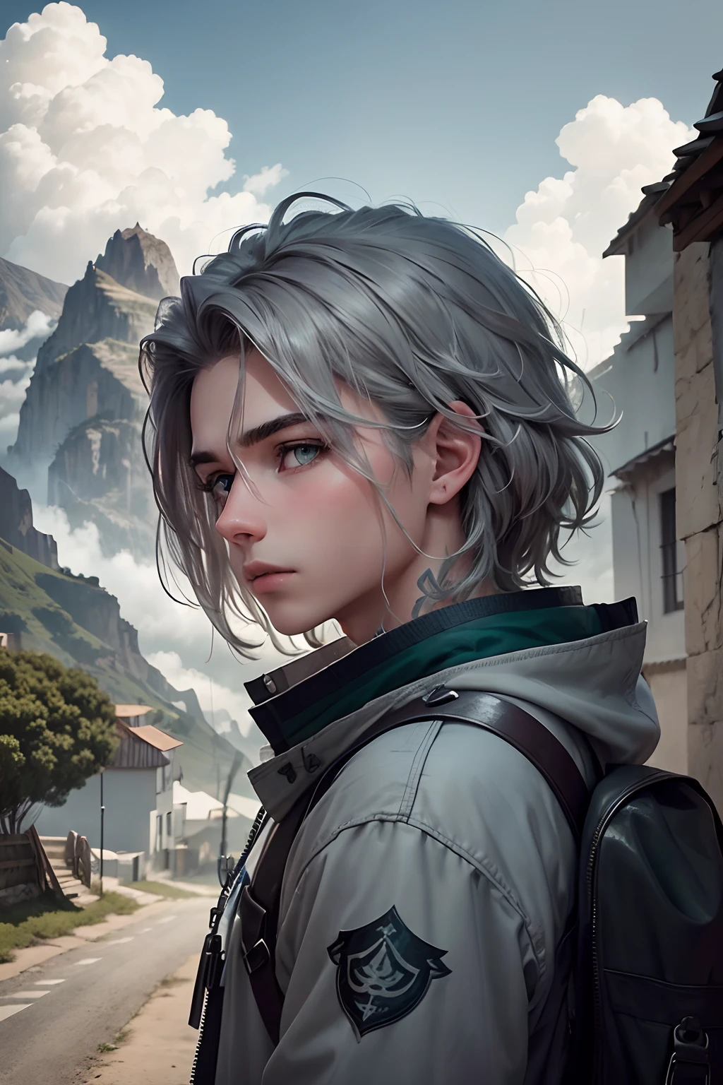 (Un joven con cabello gris plateado, Los ojos grises en el fondo parecen un pueblo, and the green mist of the mountains and clouds come down from the beautiful teenage sky) viste de azul es masculino con cabello color plateado ojos grises
