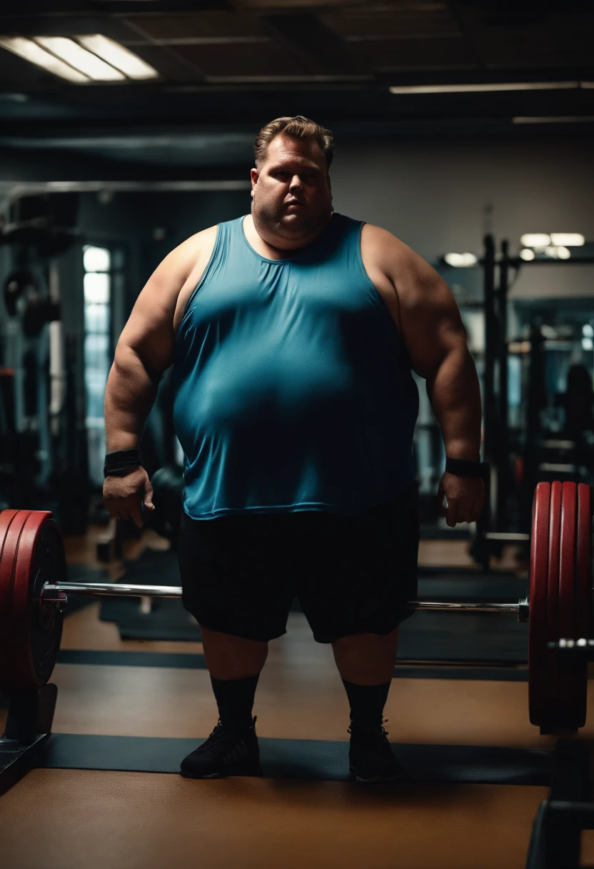 a morbidly obese man, looking forward, close-up image, inside a gym, wearing a gym outfit, a deadlift bar on the floor, realistic, hd, 8k