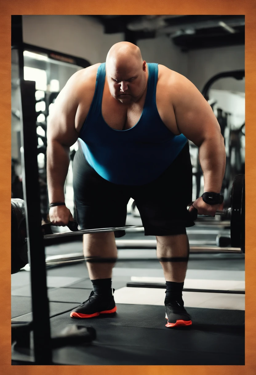 a morbidly obese man, looking forward, close-up image, inside a gym, wearing a gym outfit, a deadlift bar on the floor, realistic, hd, 8k