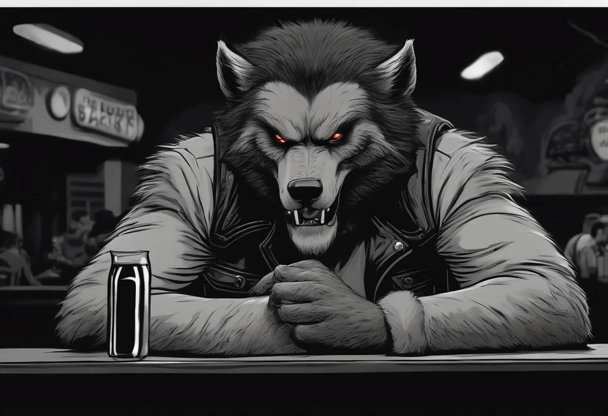 Badass masculine werewolf with hairy paws in a biker jacker, ready to eat a massive cheeseburger in a smoky, gloomy diner, creature design by Rick Baker.