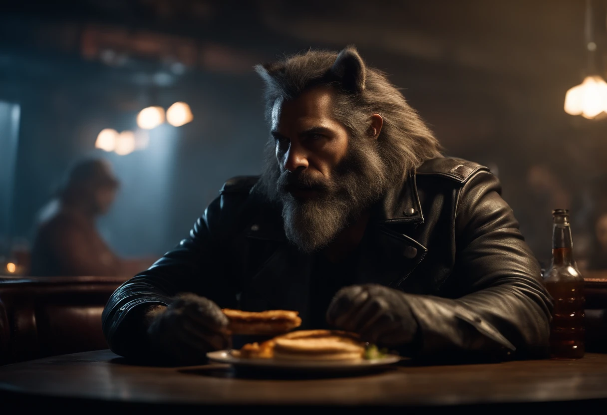 Badass masculine werewolf with hairy paws in a biker jacker, ready to eat a massive cheeseburger in a smoky, gloomy diner, creature design by Rick Baker.