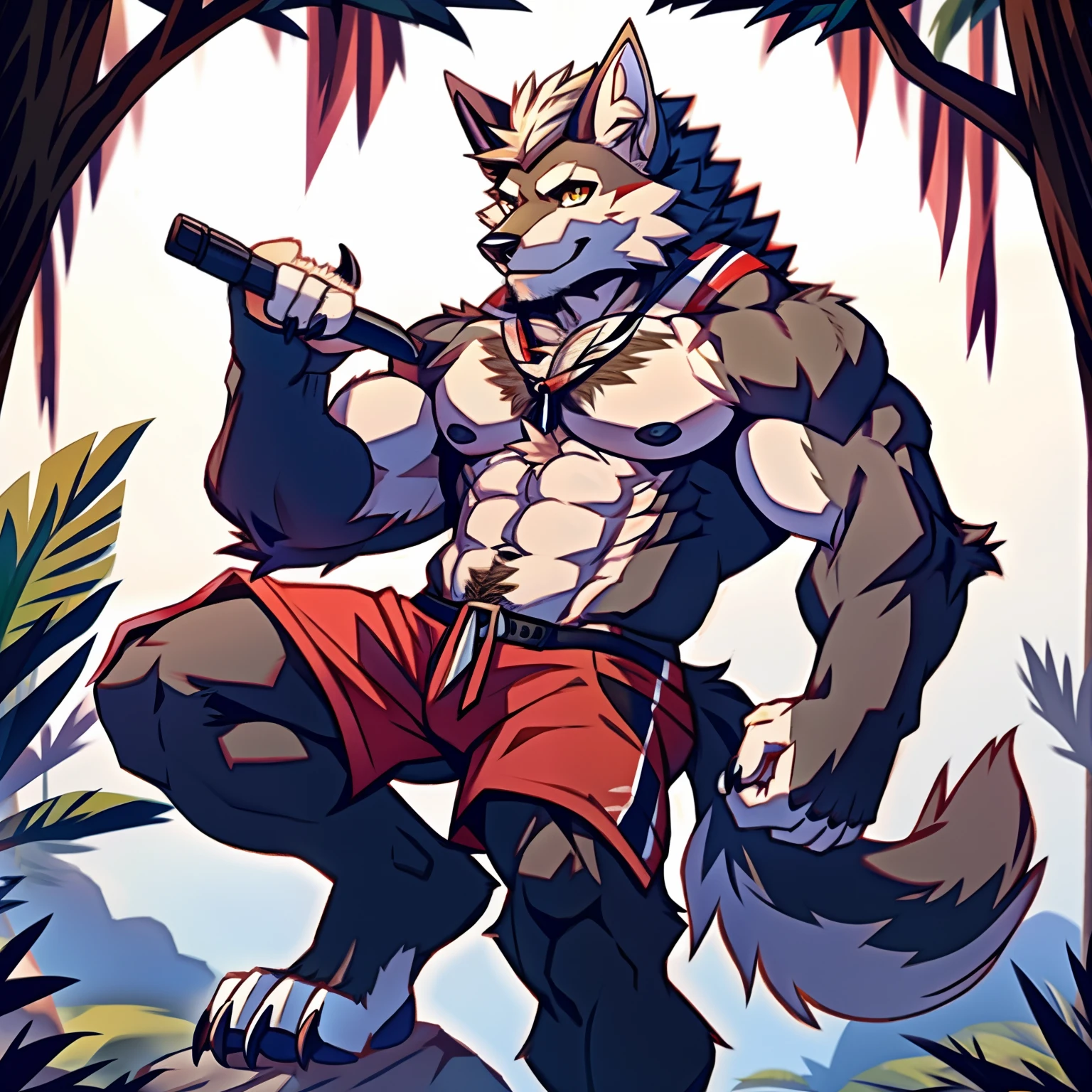 Human-wolf,musculature,Hairy all over,clawed paws,erect through