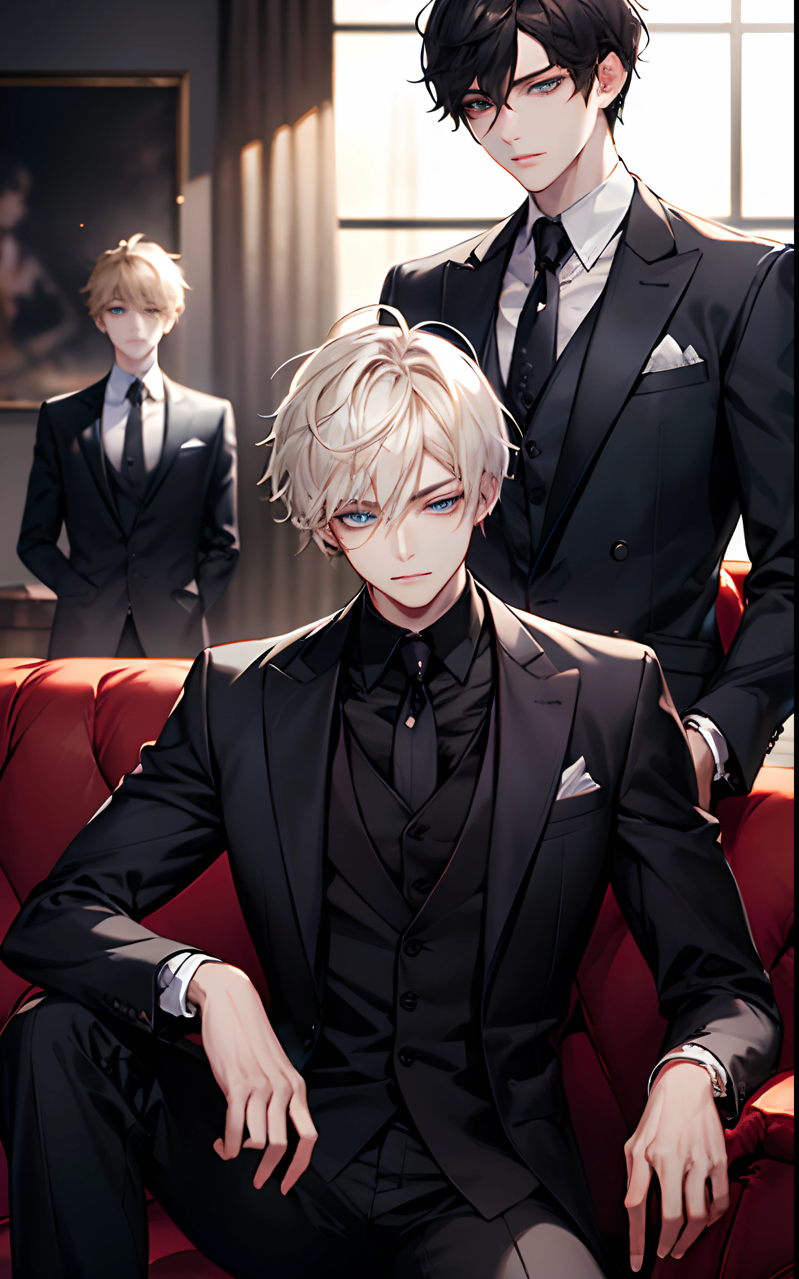 (Best Quority,8K,masterpaintings),1boys,(Eye 1:1,blue eyes,Elaborate Eyes,Delicate pupils,Details of the eyes,good eyes),Short Hair Hair,black business suits,Face focus,Adults,Black suit,Best Quority,facial detail,Sit in the room,sit on sofa,细致背景,Diffused sunlight,depth of field,Background bokeh for optimal light,Best Shadow,cinematiclight,(realskin),raytrace,Unreal Engine 5,Reflective skin,Digital illustration,Game CG characters,super model,(kpop,idol),(Body edge lighting,Colored light sources are around),There is wind blowing hair,Looking into the distance
