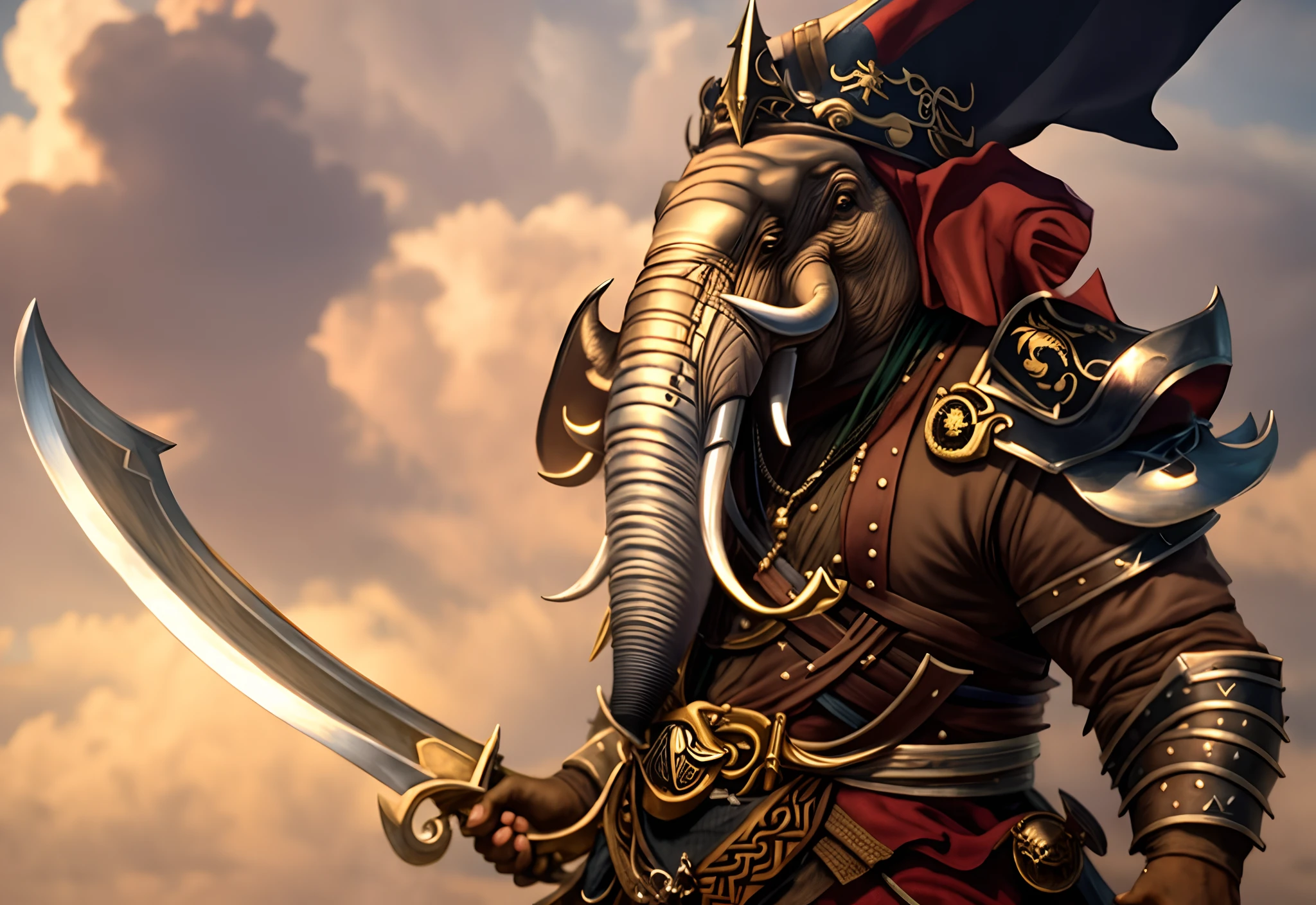 Realistic portrait of an elephant man who is dressed in a costume, Macho Swashbuckler, Pirata da classe Swashbuckler, um pirata , Manto de mago, Personagem o bruxo, pele bronzeada, Pirate Captain, personagem de fantasia hiperdetalhado, Swashbuckler, Cultist, character render, Close-up de corpo inteiro, Pintura realista, realista, Estilo de arte the witcher, Paisagem de mar
