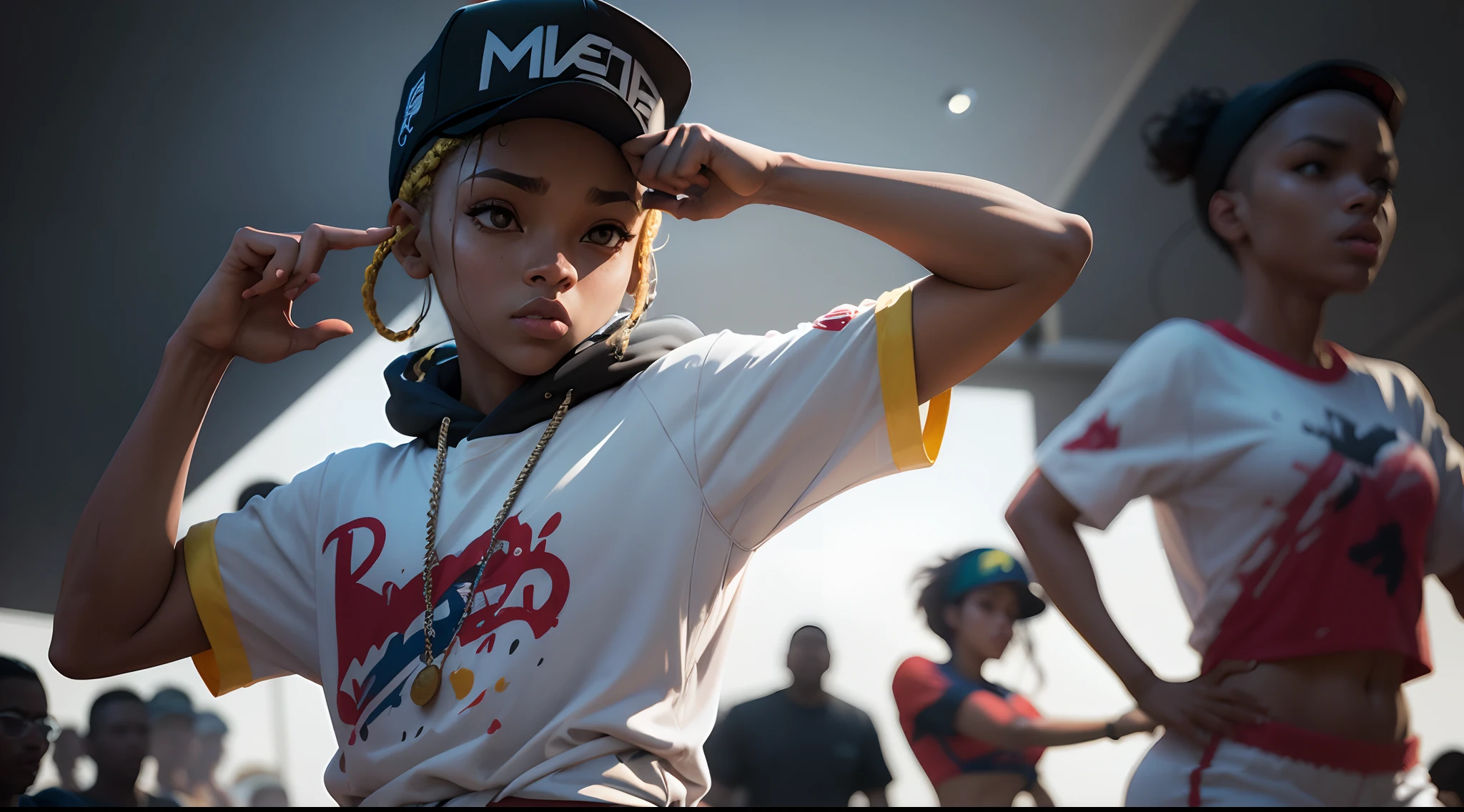 Illustration of face dance , usando uma roupa de hip hop com capuz, Minimalista, RTX, UHD, cell-shading, 32k, ray tracing, bem definido, comic, Pintura digital, Cartoon, fotorrealista, desenho, Motor irreal, octan render, Shaders, 4D