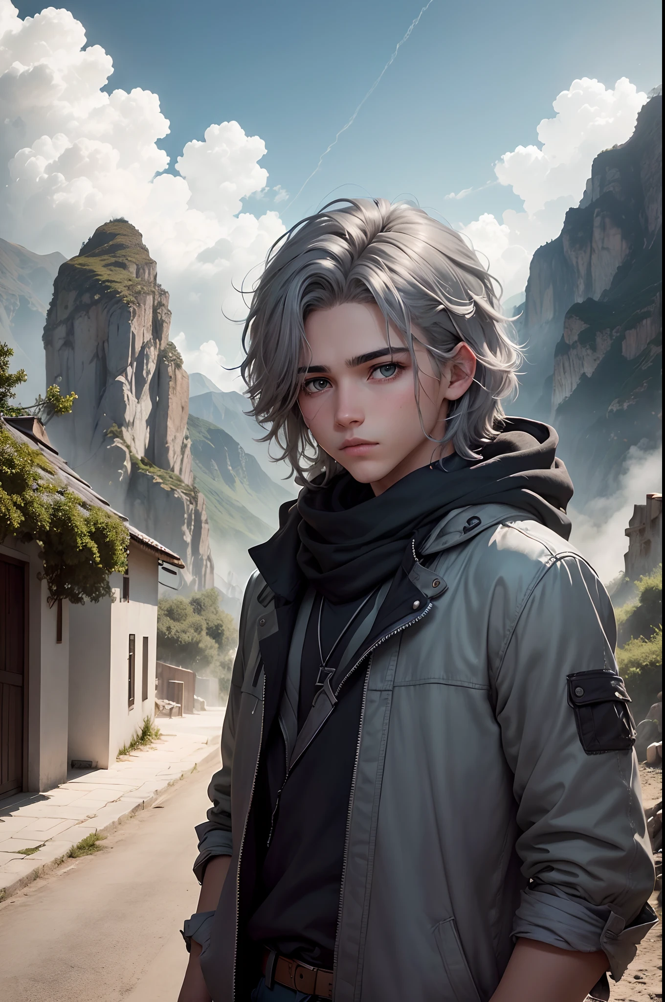 (Un joven con cabello gris plateado, Los ojos grises en el fondo parecen un pueblo, and the green mist of the mountains and clouds come down from the beautiful teenage sky) viste de azul es masculino con cabello color plateado ojos grises