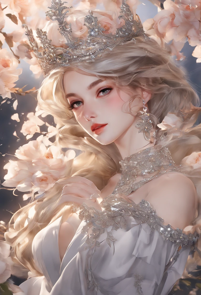 Best quality, High_Resolution, distinct_image, Detailed background ,Girl, random wear,flower, Night sky,Dutch angle, Wide shot,Shy smile, crown,