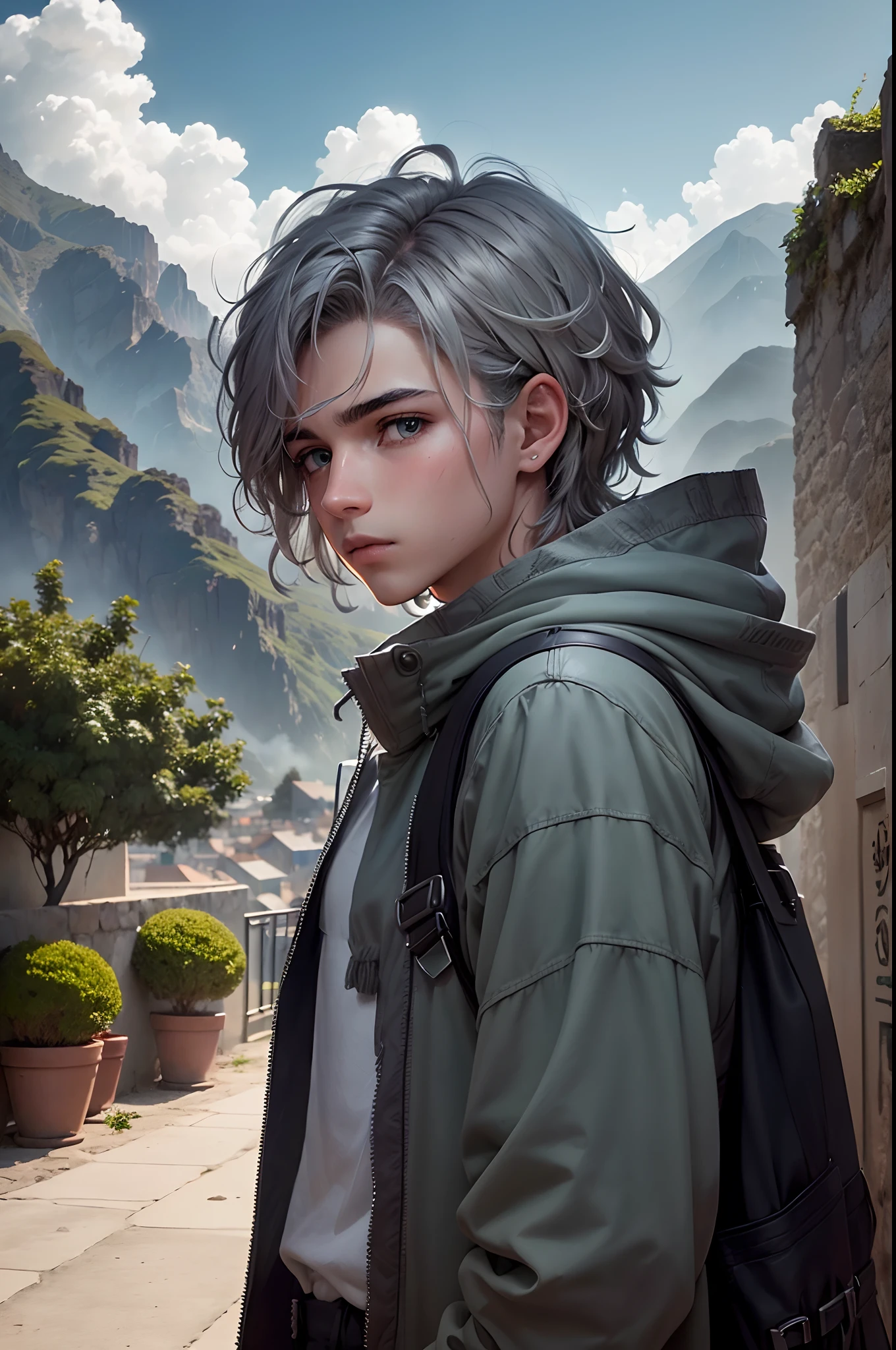 (Un joven con cabello gris plateado, Los ojos grises en el fondo parecen un pueblo, and the green mist of the mountains and clouds come down from the beautiful teenage sky) viste de azul es masculino con cabello color plateado ojos grises
