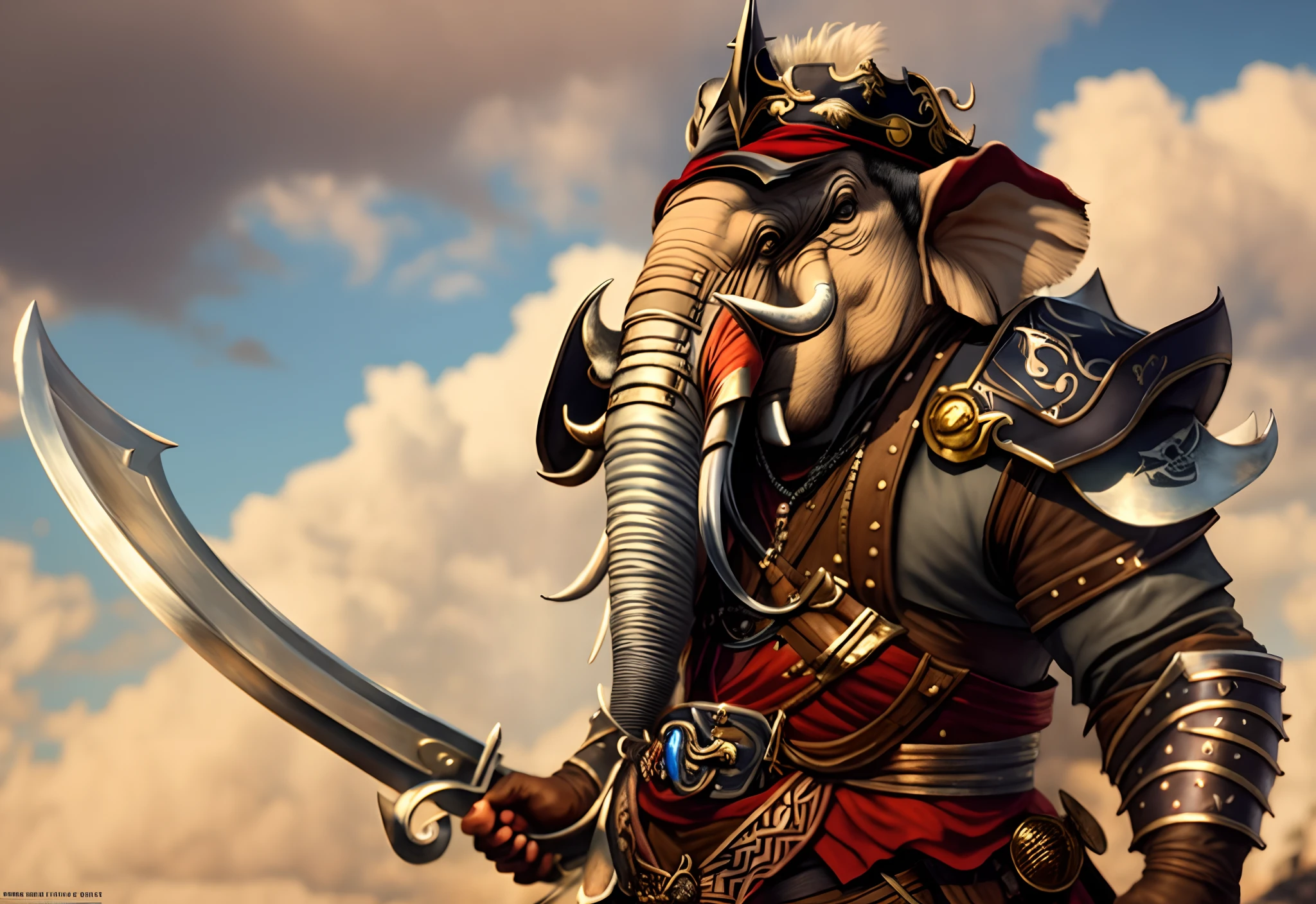 Realistic portrait of an elephant man who is dressed in a costume, Macho Swashbuckler, Pirata da classe Swashbuckler, um pirata , Manto de mago, Personagem o bruxo, pele bronzeada, Pirate Captain, personagem de fantasia hiperdetalhado, Swashbuckler, Cultist, character render, Close-up de corpo inteiro, Pintura realista, realista, Estilo de arte the witcher, Paisagem de mar
