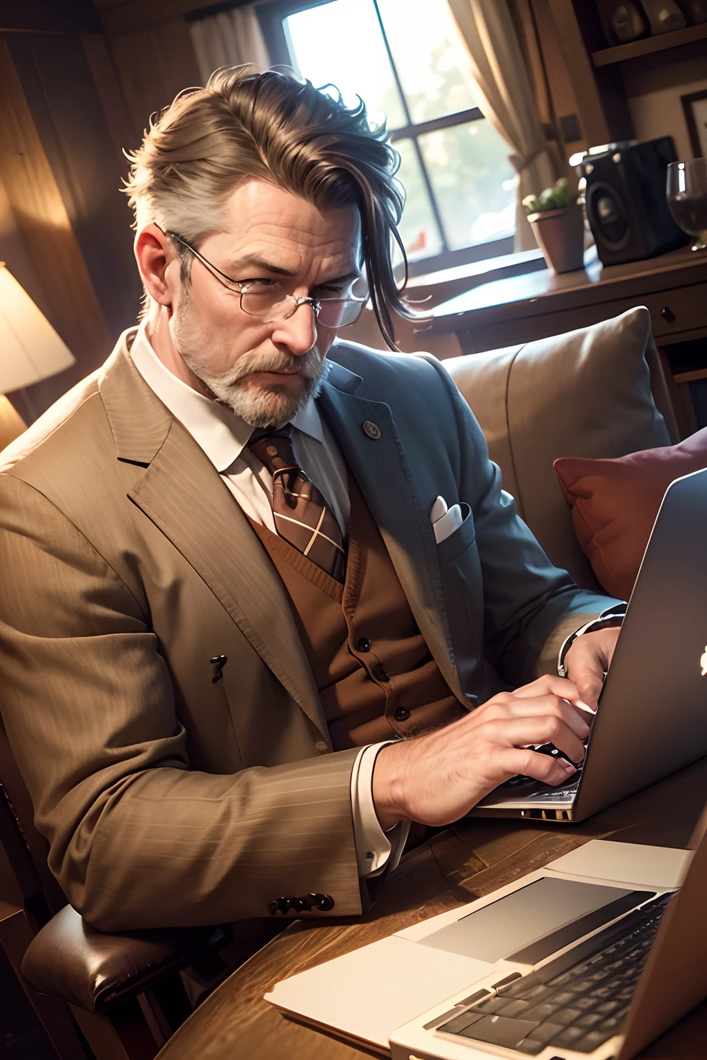 realistic, hyper realistic, gentleman playing online slots at cozy home, while sipping whiskey, show online slot on a laptop screen