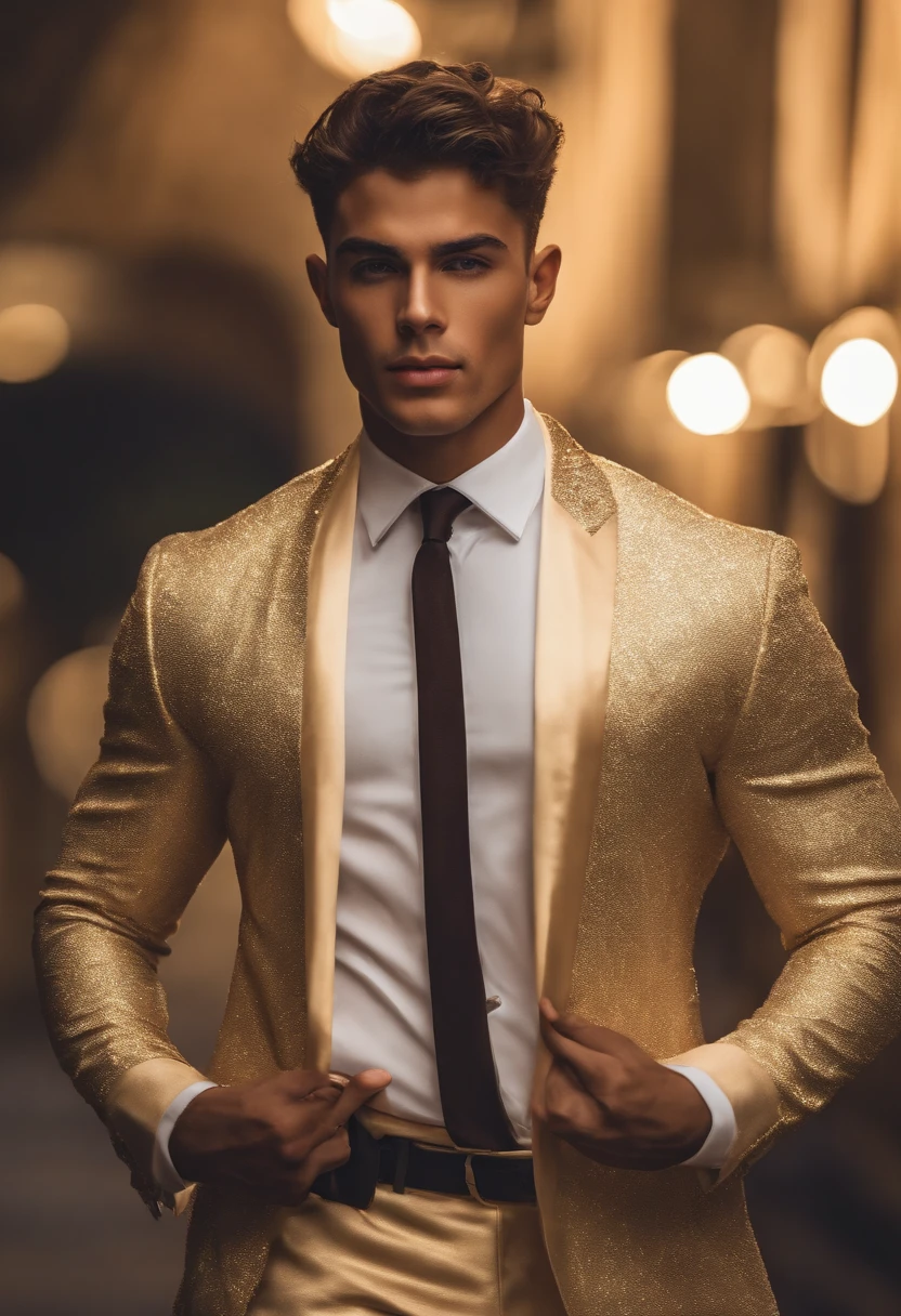 Homem branco jovem forte, com cabelos muito curtos e loiro muito claro dourado. Sem blusa, de corpo inteiro.