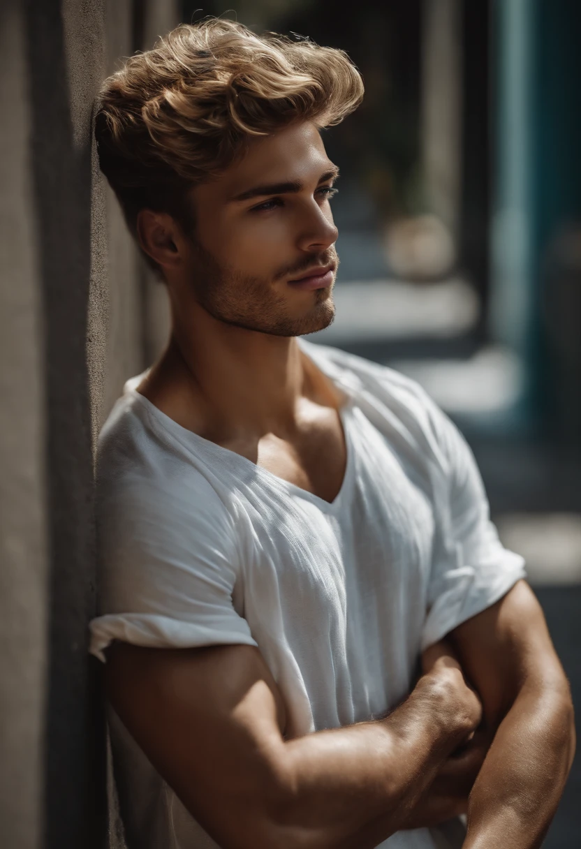 Homem branco jovem forte, com cabelos muito curtos e loiro muito claro dourado. Sem blusa, de corpo inteiro.