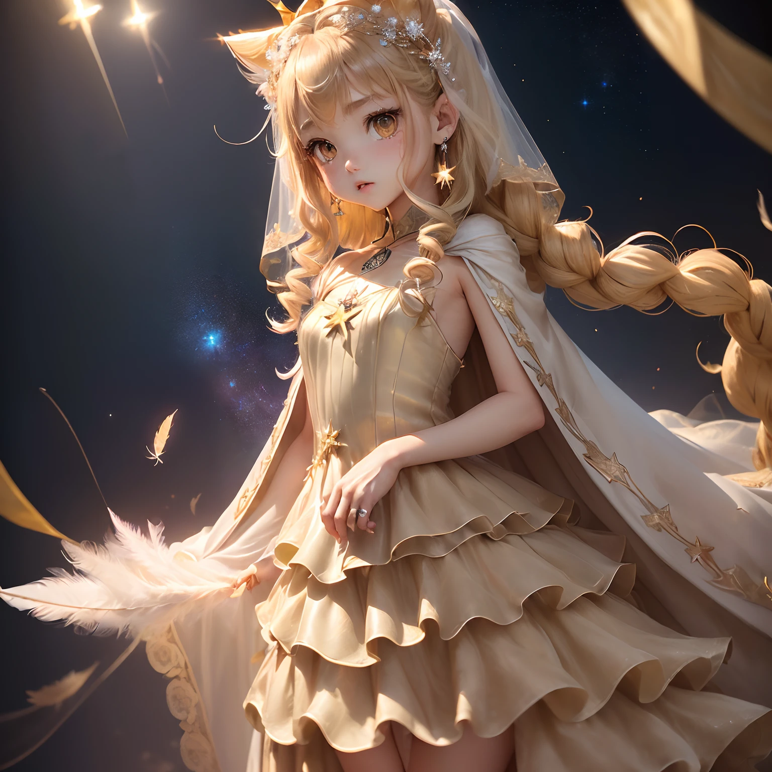Cute Baby Chibi Anime,(((chibi3d)))(best qualtiy)(masterpiece)。(light pink colorのshaggy long hair:1.5)
(Big patina golden eyes:1.4)(白いEightSTAR Dress 2-Way Fishtail Wedding Dress, Party Dress, Bare-Top, Cape Dress, A-Line, See-through, Invitations, Wearing After-Parties:1.5)。Feather hair ornament reminiscent of an angel、Platinum and amber luxuriously decorated earrings。
。The background is creating a very fantastic autumn twilight with a galaxy of stars。Standing、Small face、petite body
